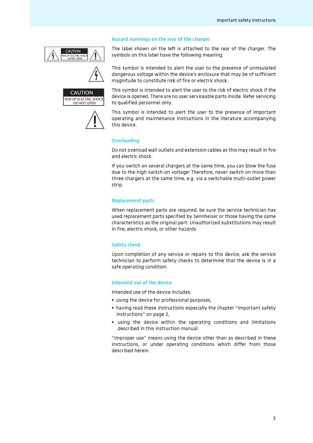 Sennheiser L 2021-40 Hazard warnings on the rear of the charger, Overloading, Replacement parts, Safety check 