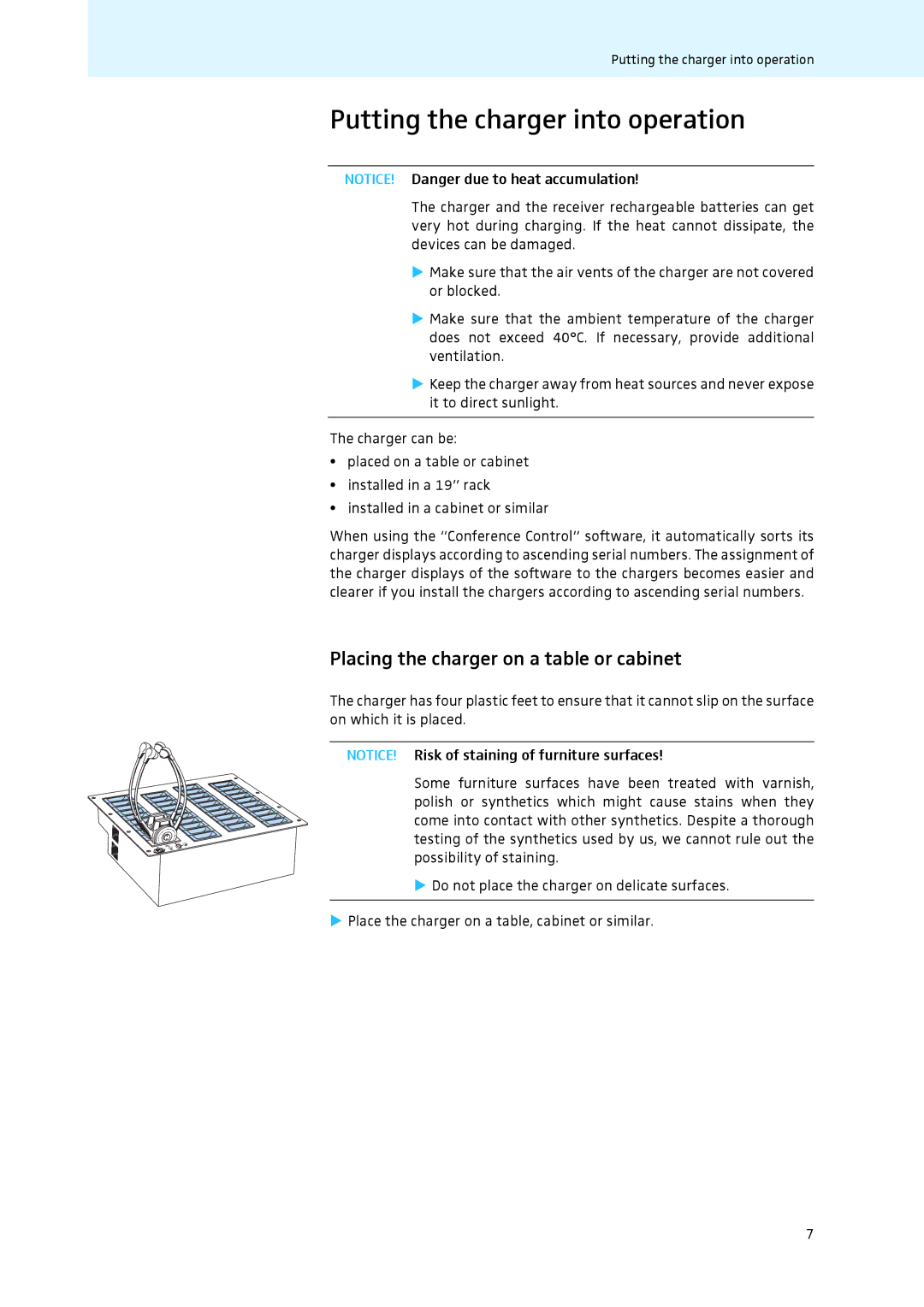 Sennheiser L 2021-40 instruction manual Putting the charger into operation, Placing the charger on a table or cabinet 