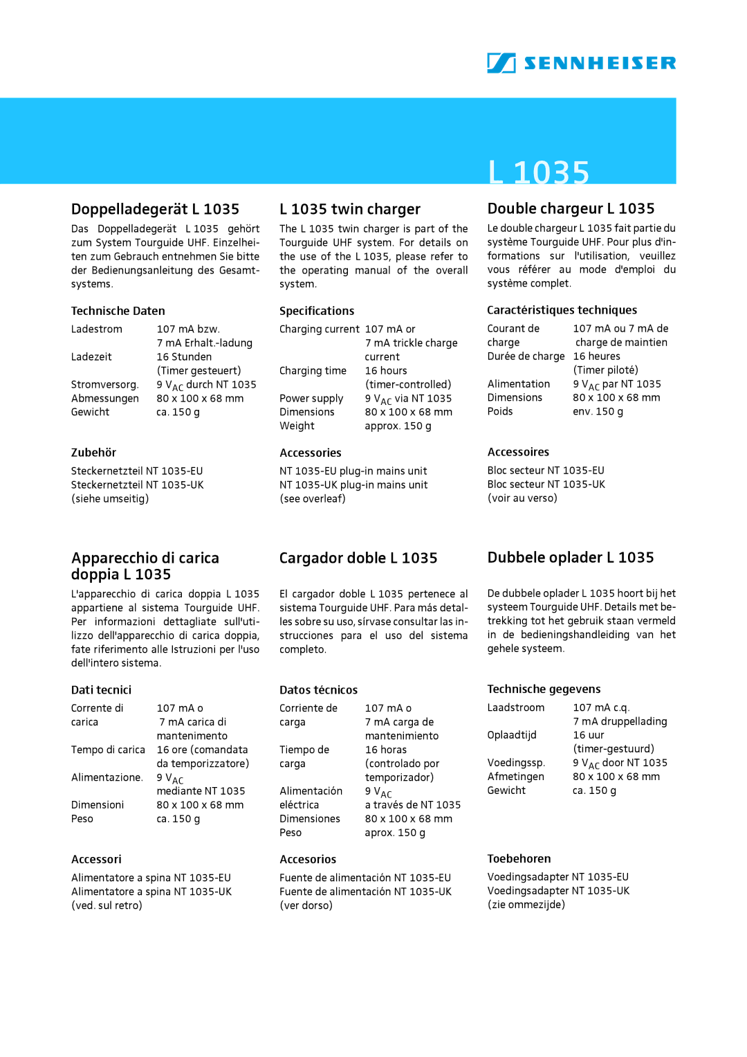 Sennheiser L1035 specifications Doppelladegerät L, Twin charger, Double chargeur L, Apparecchio di carica doppia L 