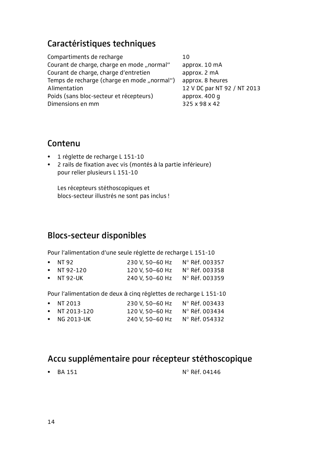 Sennheiser L151-10 manual Caractéristiques techniques, Contenu, Blocs-secteur disponibles 