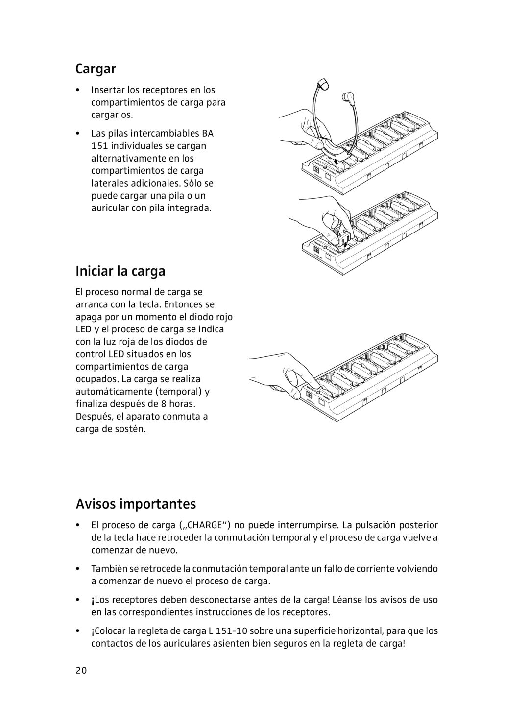 Sennheiser L151-10 manual Cargar, Iniciar la carga, Avisos importantes 