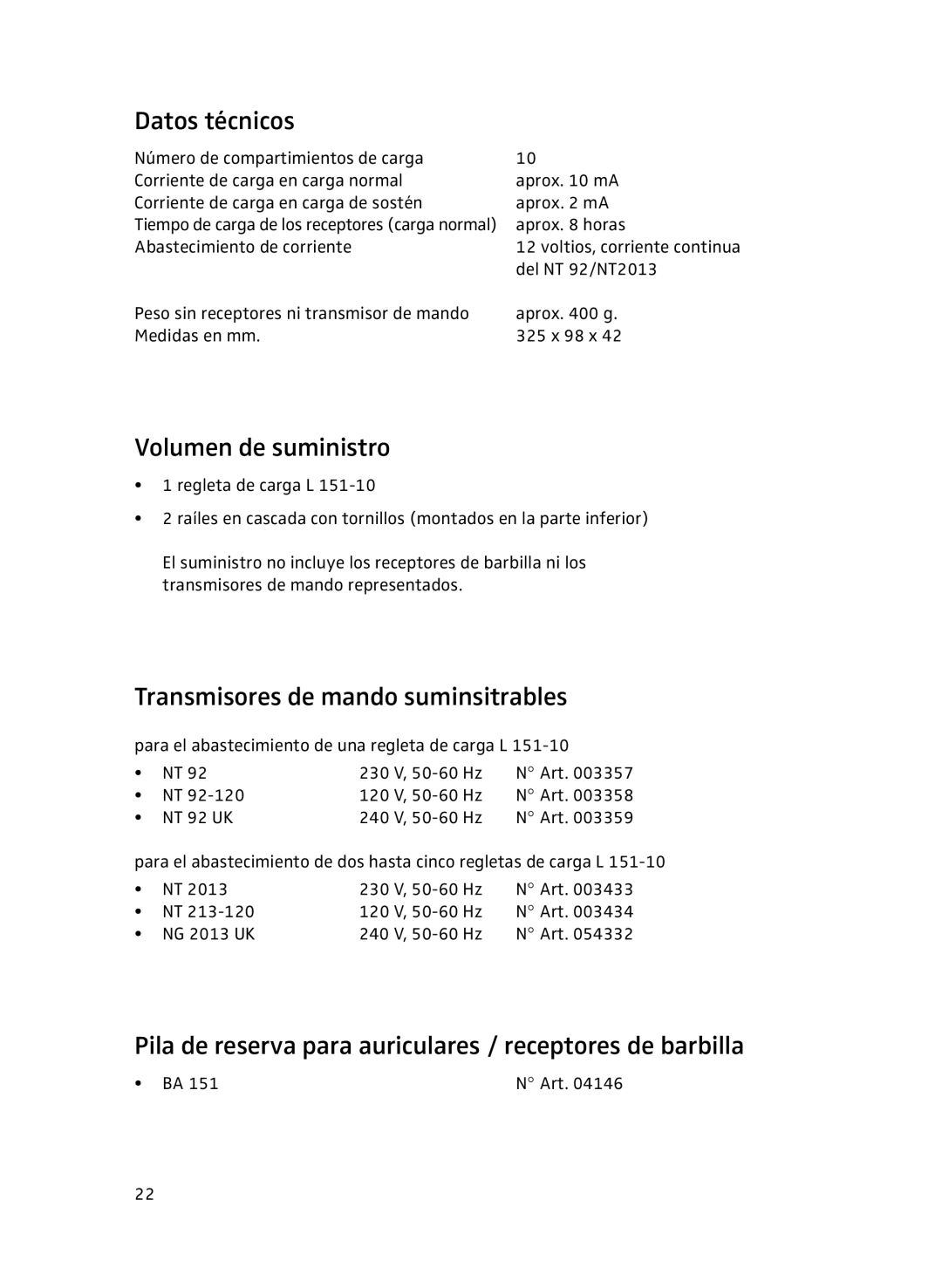 Sennheiser L151-10 manual Datos técnicos, Volumen de suministro, Transmisores de mando suminsitrables 