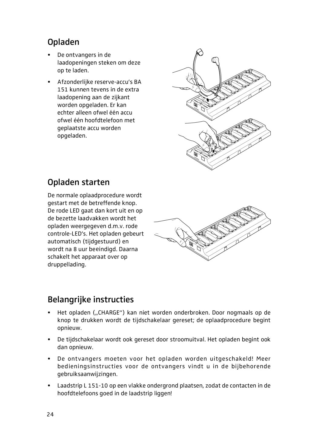 Sennheiser L151-10 manual Opladen starten, Belangrijke instructies 