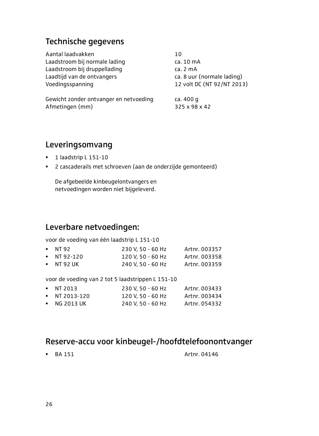 Sennheiser L151-10 manual Technische gegevens, Leveringsomvang, Leverbare netvoedingen 