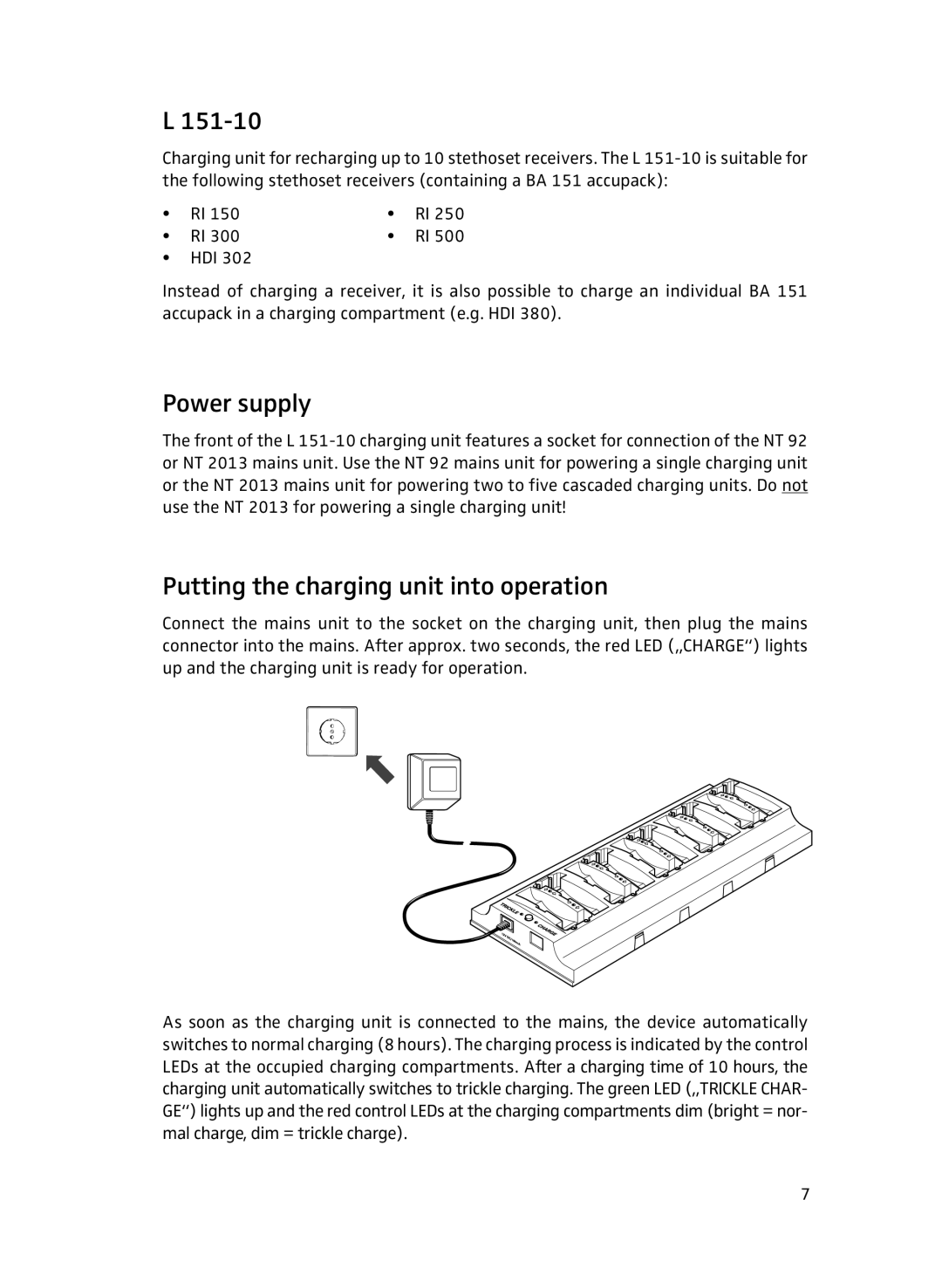 Sennheiser L151-10 manual Power supply, Putting the charging unit into operation 