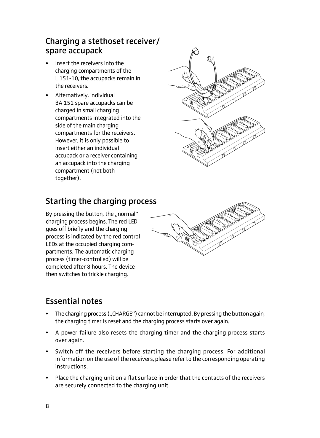 Sennheiser L151-10 manual Charging a stethoset receiver/ spare accupack, Starting the charging process, Essential notes 