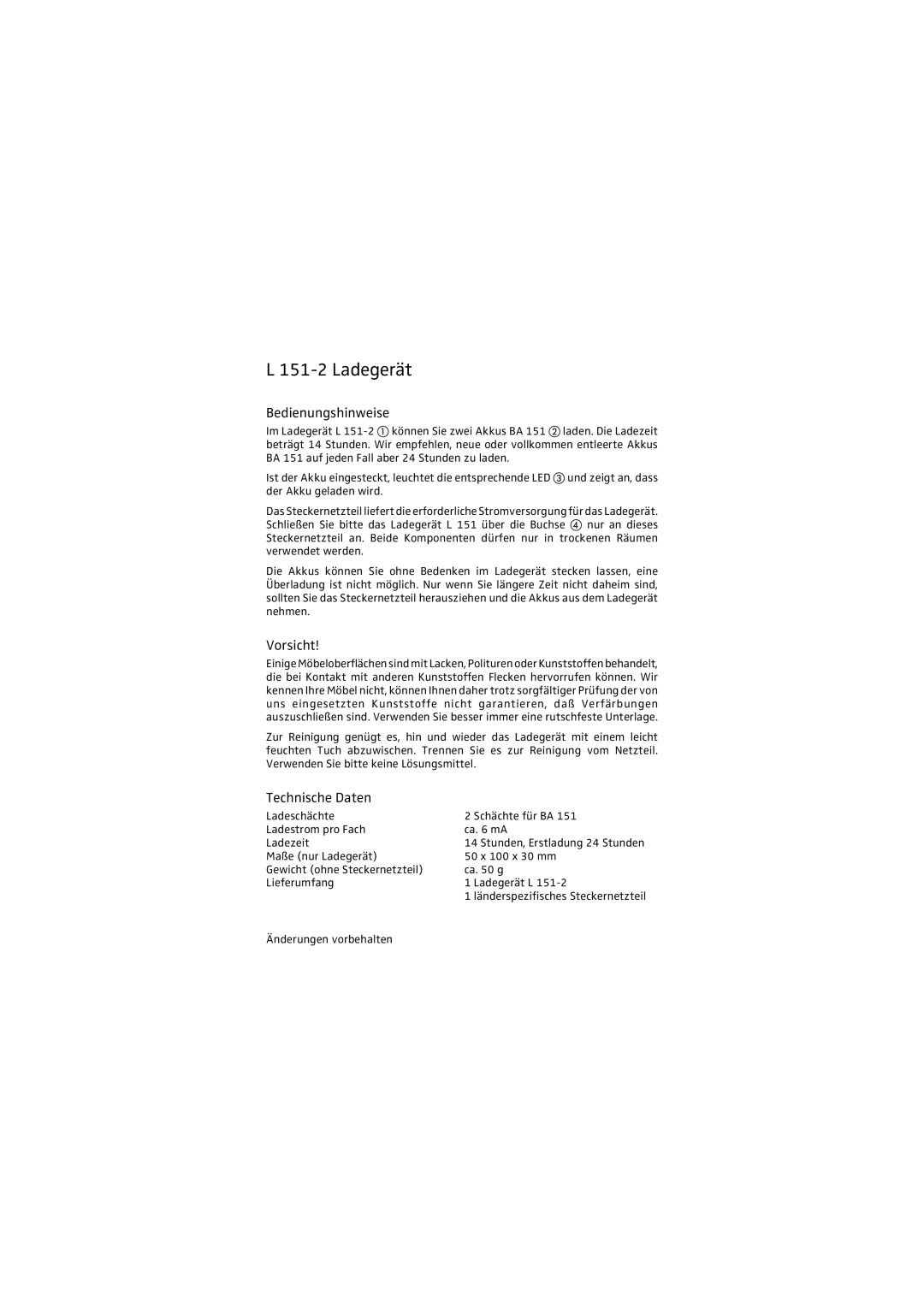 Sennheiser L151-2 manual Ladegerät, Bedienungshinweise, Vorsicht, Technische Daten 