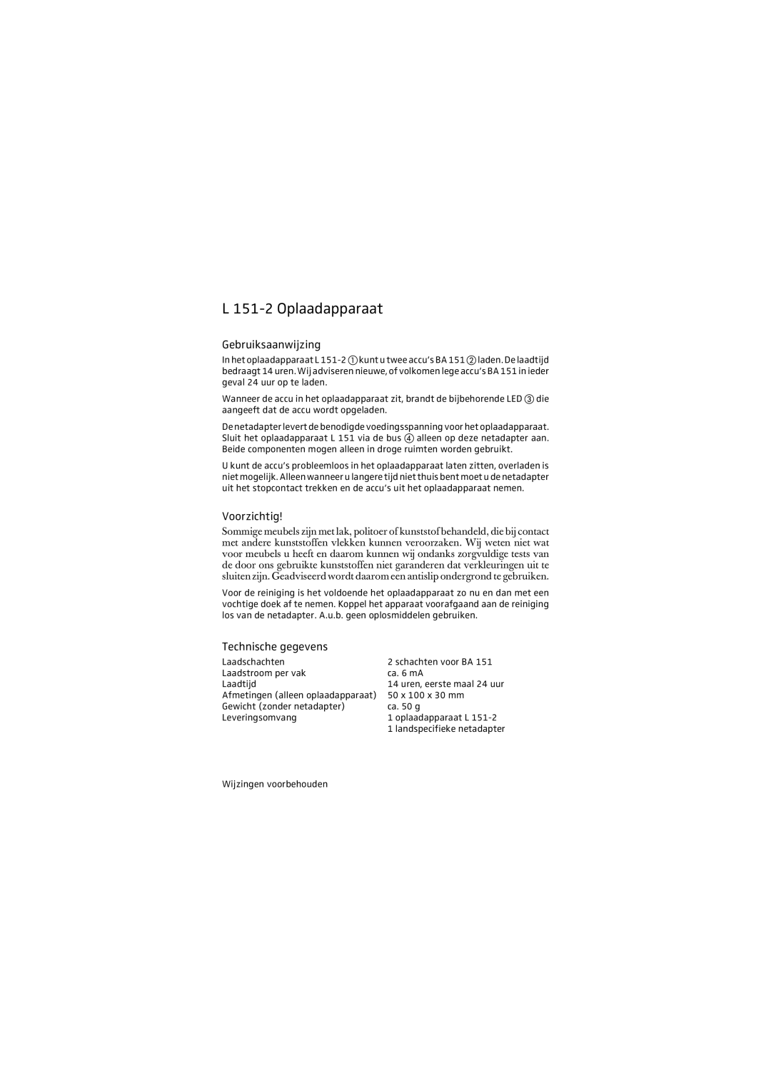 Sennheiser L151-2 manual Oplaadapparaat, Voorzichtig, Technische gegevens 