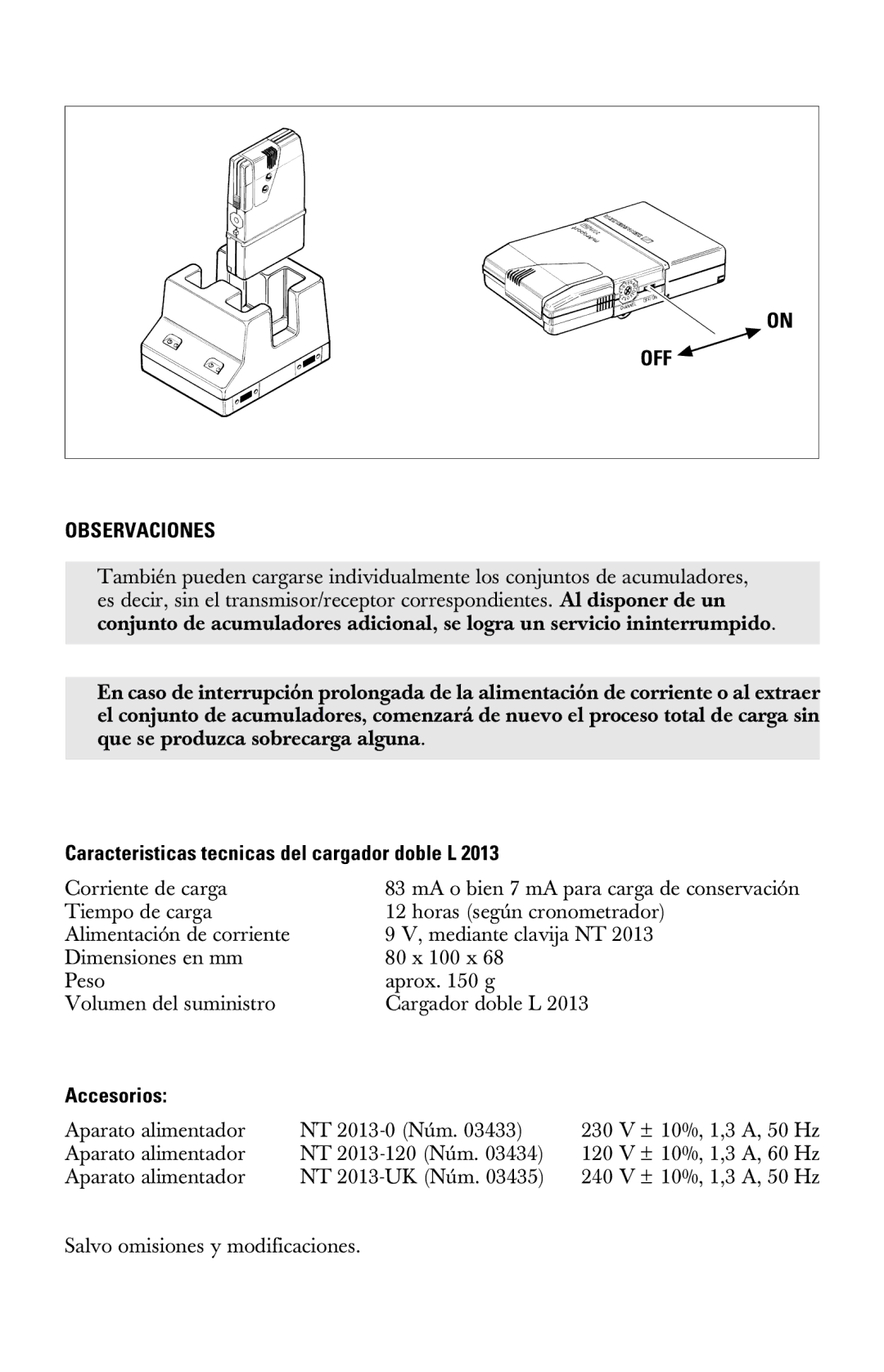 Sennheiser l2013 manual OFF Observaciones, Caracteristicas tecnicas del cargador doble L, Accesorios 