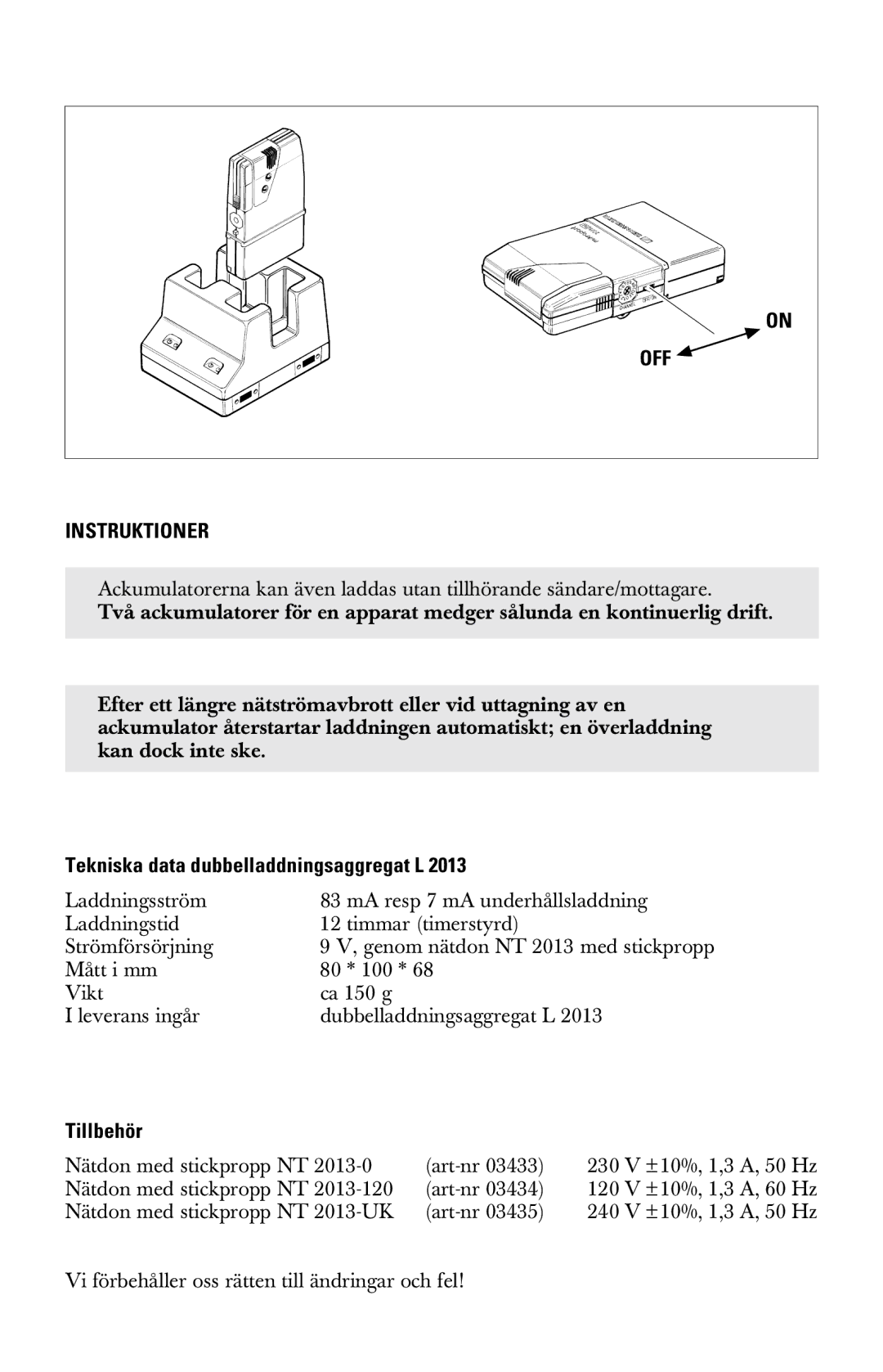 Sennheiser l2013 manual OFF Instruktioner, Tekniska data dubbelladdningsaggregat L, Tillbehör 