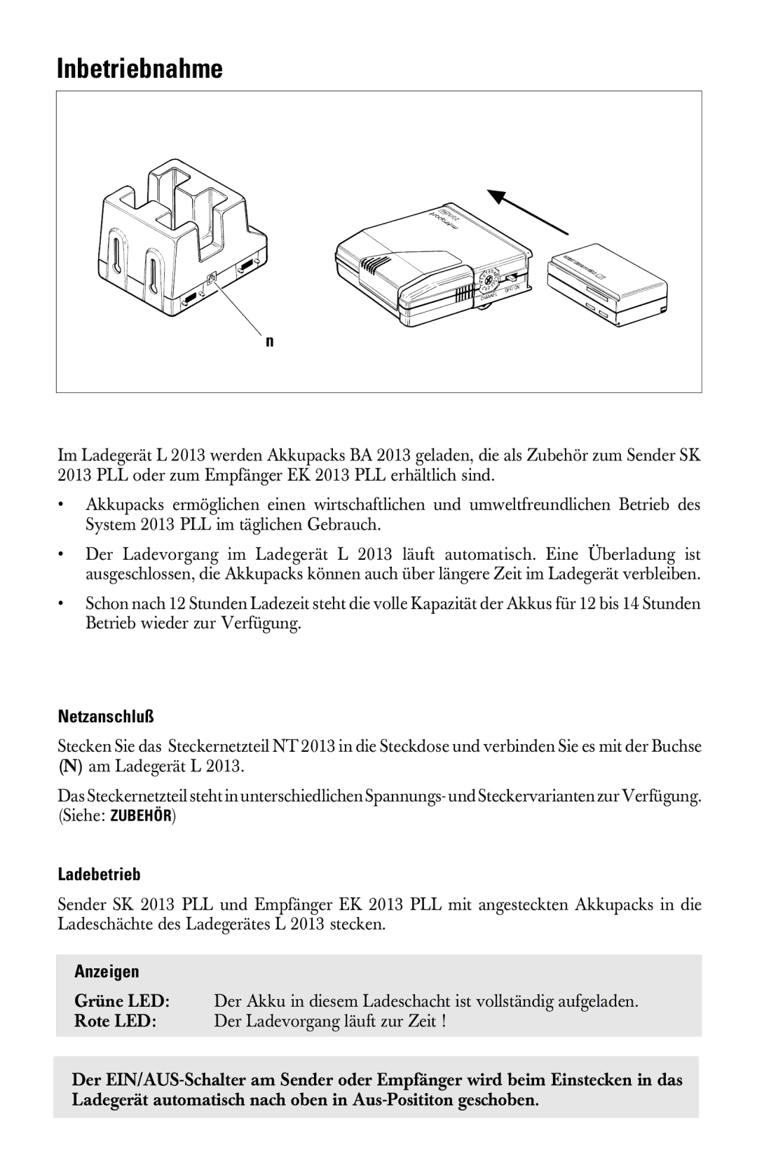 Sennheiser l2013 manual Inbetriebnahme, Netzanschluß, Ladebetrieb, Anzeigen 