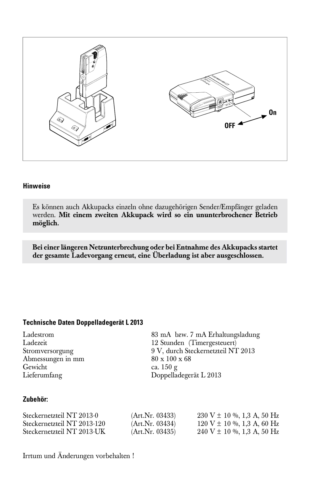 Sennheiser l2013 manual Off, Hinweise, Zubehör 