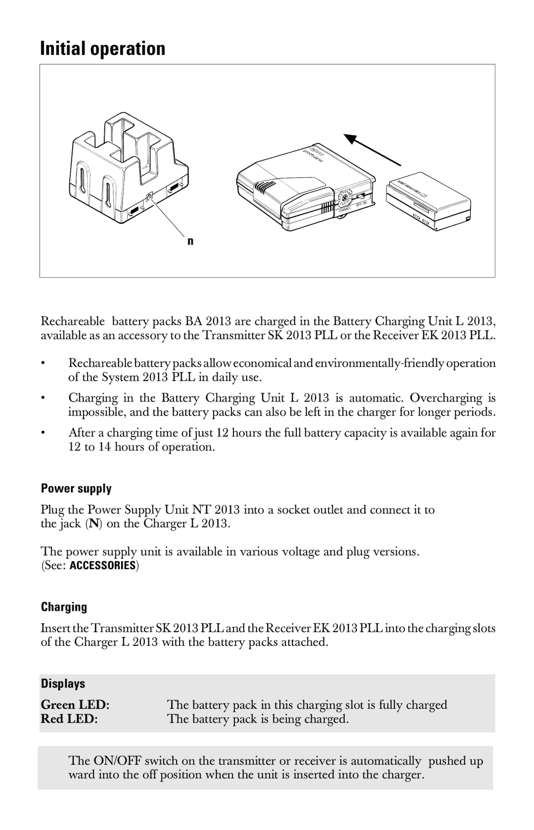 Sennheiser l2013 manual Initial operation, Power supply, Charging, Displays 