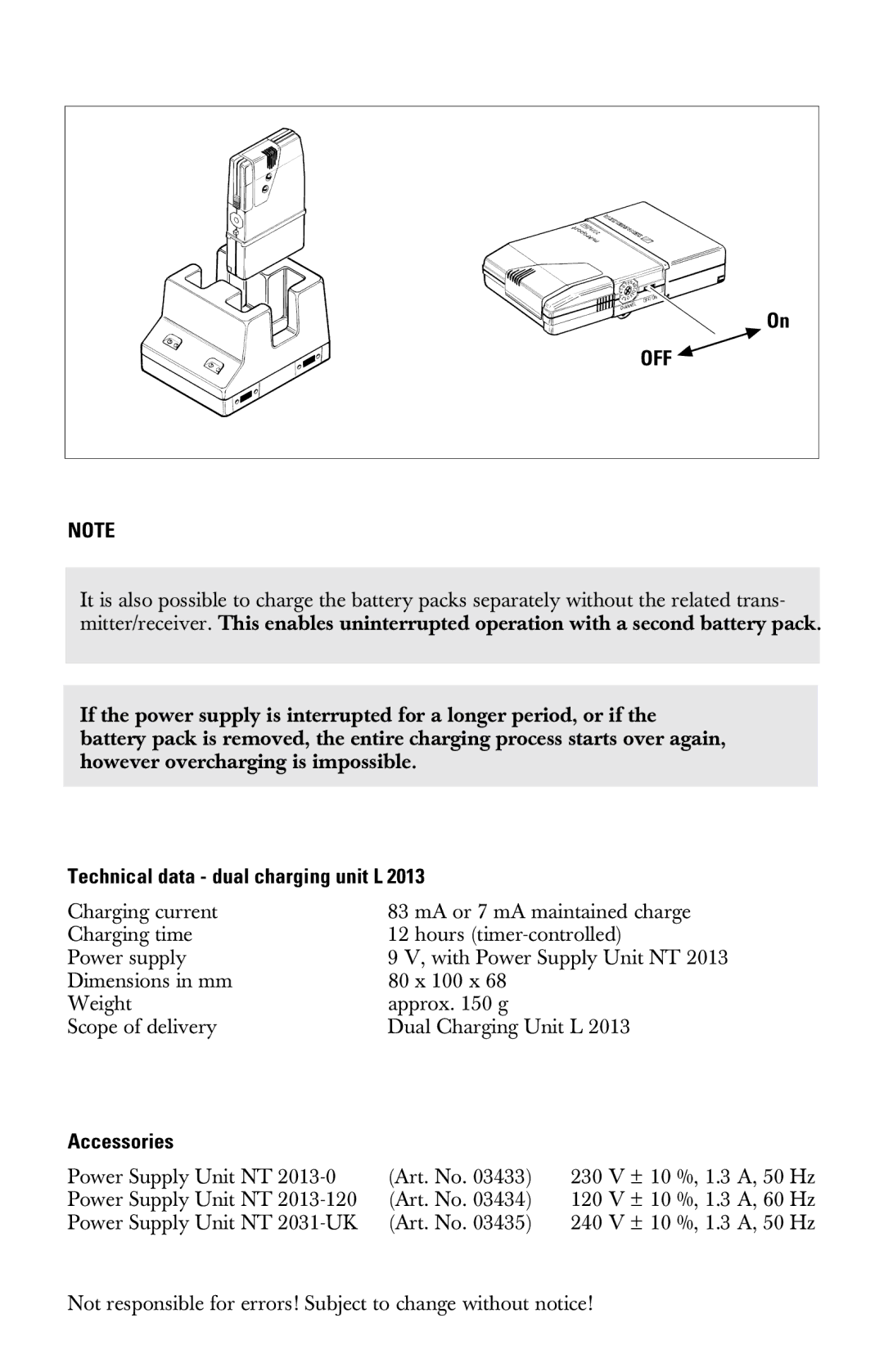 Sennheiser l2013 manual Technical data dual charging unit L, Accessories 