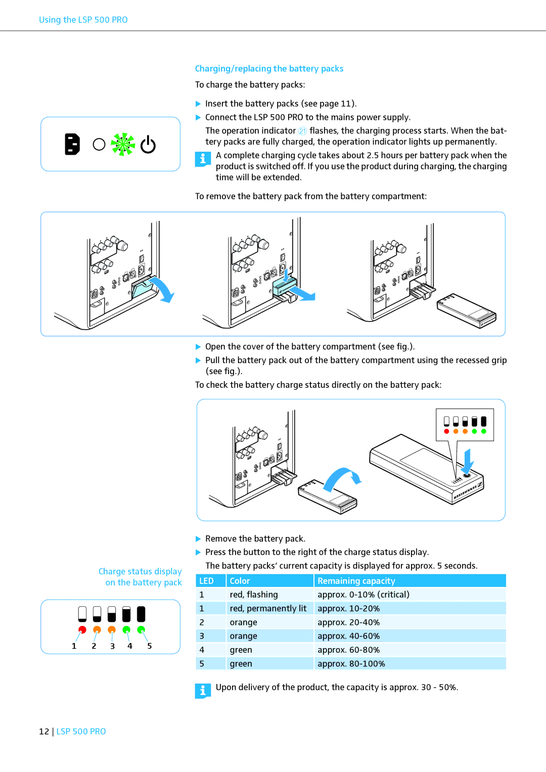 Sennheiser LSP 500 PRO instruction manual Charging/replacing the battery packs, Led 