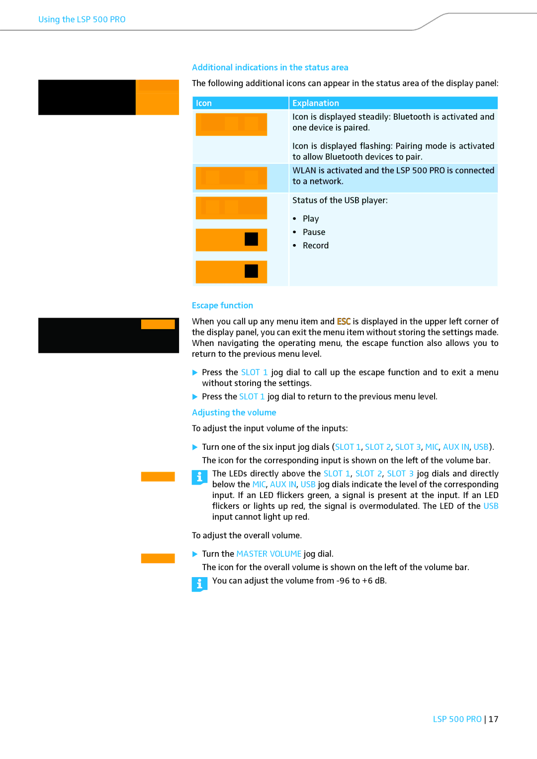 Sennheiser LSP 500 PRO instruction manual Escape function, Adjusting the volume 