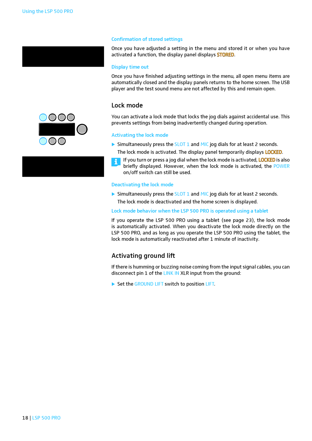 Sennheiser LSP 500 PRO instruction manual Lock mode, Activating ground lift 