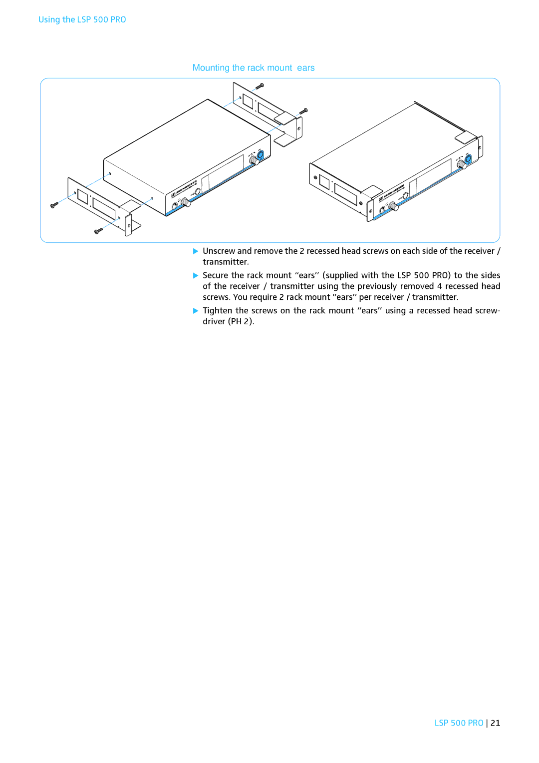 Sennheiser instruction manual Using the LSP 500 PRO Mounting the rack mount ears 