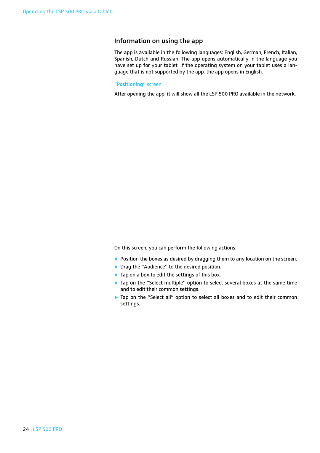 Sennheiser LSP 500 PRO instruction manual Information on using the app, Positioning screen 