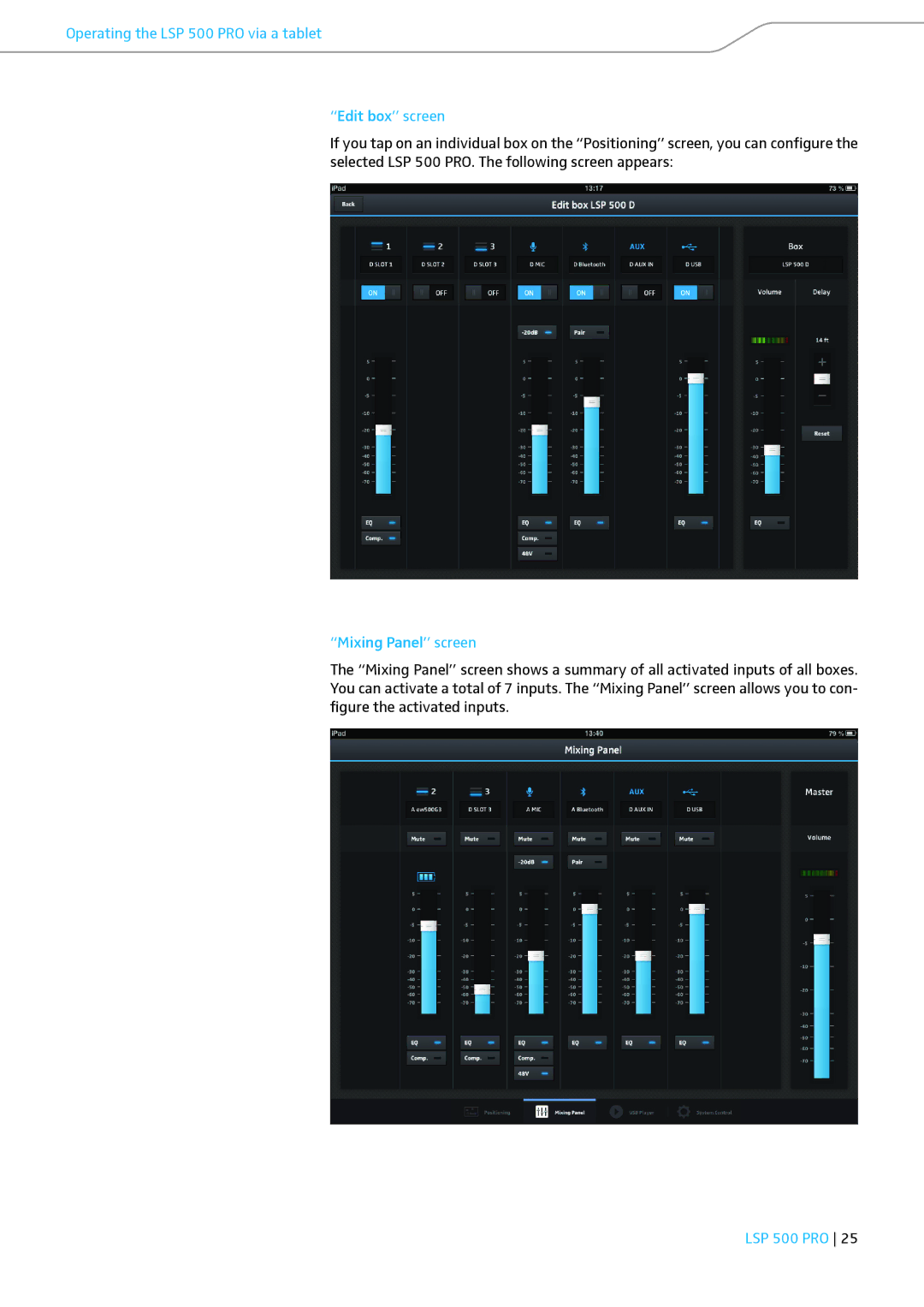 Sennheiser instruction manual Operating the LSP 500 PRO via a tablet Edit box screen, Mixing Panel screen 