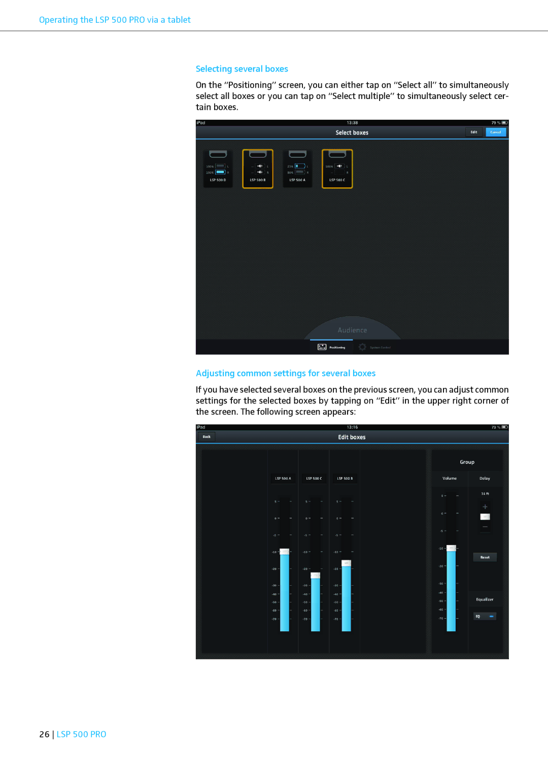 Sennheiser LSP 500 PRO instruction manual Adjusting common settings for several boxes 