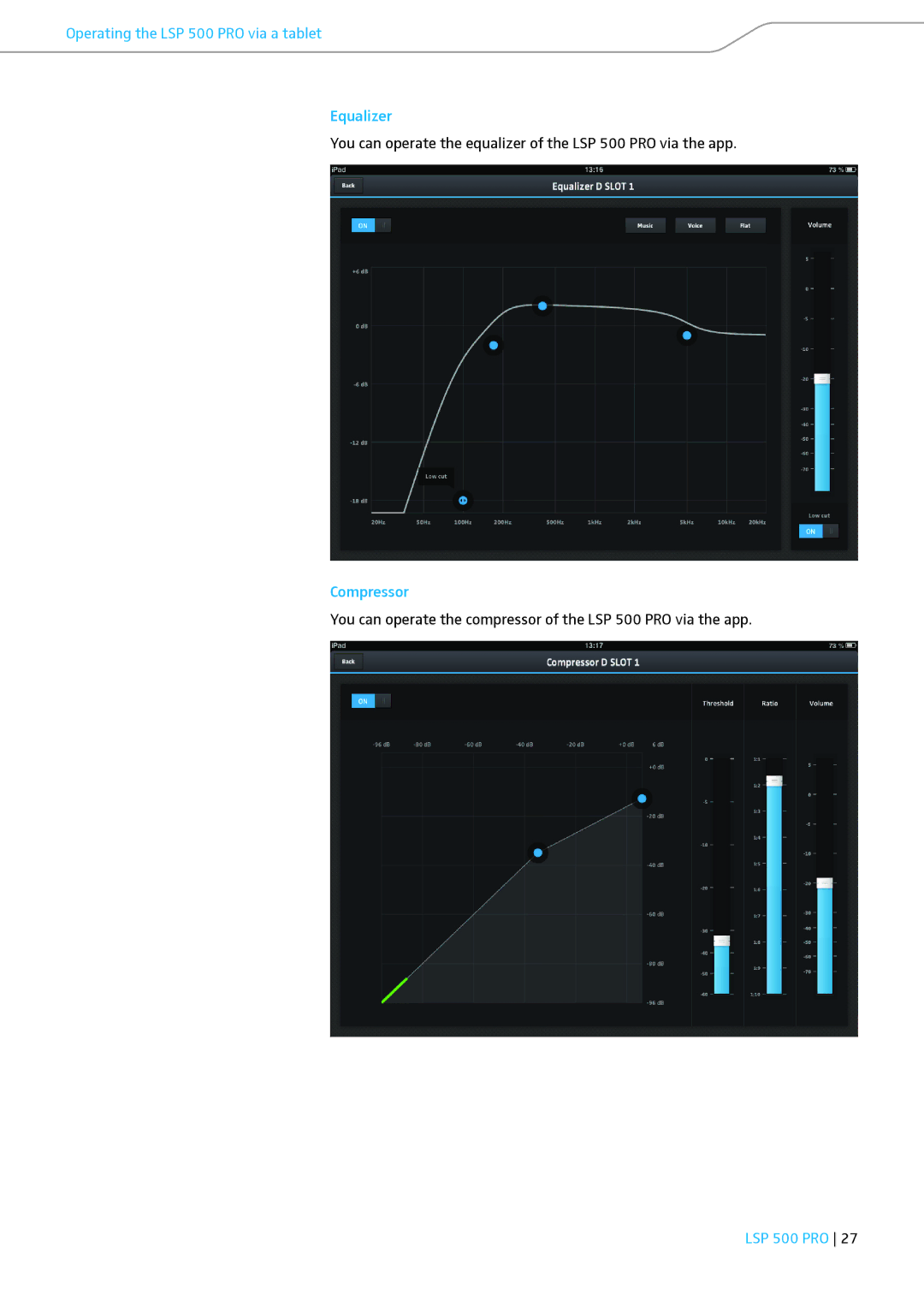 Sennheiser instruction manual Operating the LSP 500 PRO via a tablet Equalizer, Compressor 