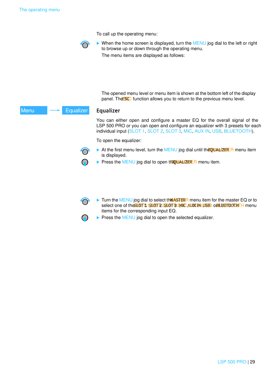 Sennheiser LSP 500 PRO instruction manual Menu Equalizer Equalizer 