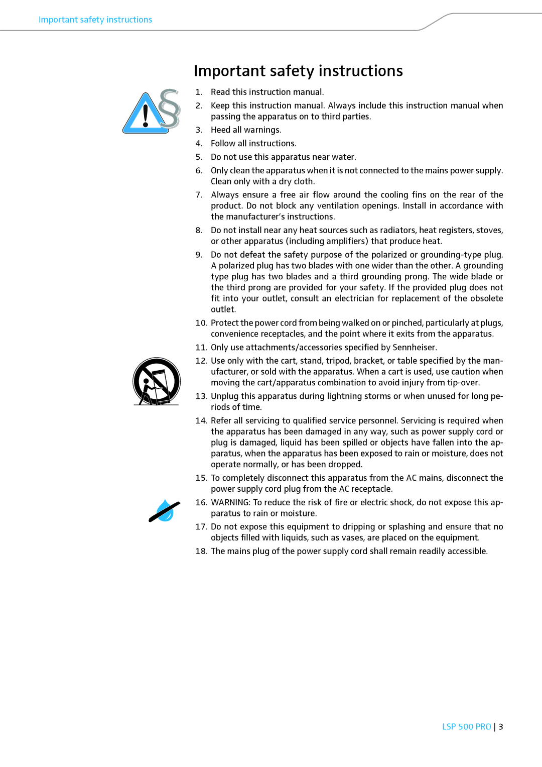 Sennheiser LSP 500 PRO instruction manual Important safety instructions 