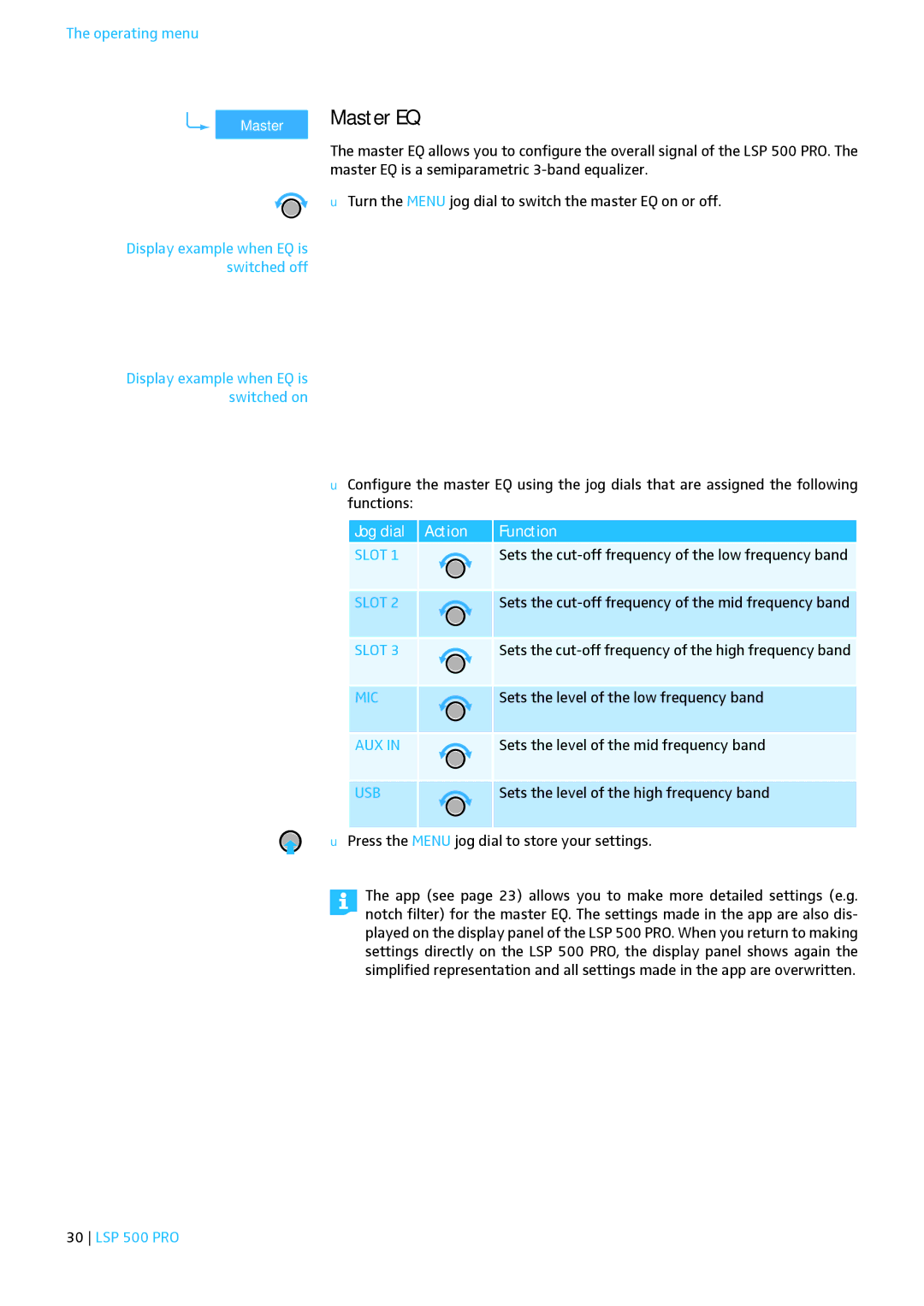 Sennheiser LSP 500 PRO instruction manual Master EQ, XX Press the Menu jog dial to store your settings 