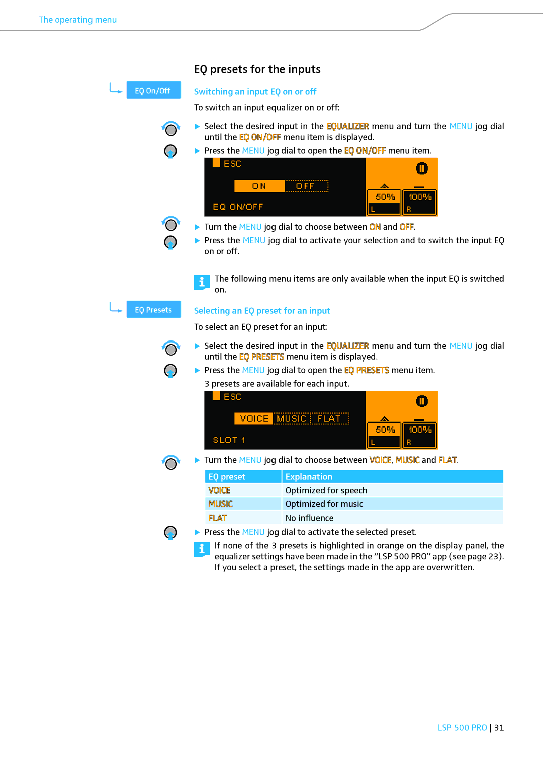 Sennheiser LSP 500 PRO EQ presets for the inputs, Switching an input EQ on or off, Selecting an EQ preset for an input 