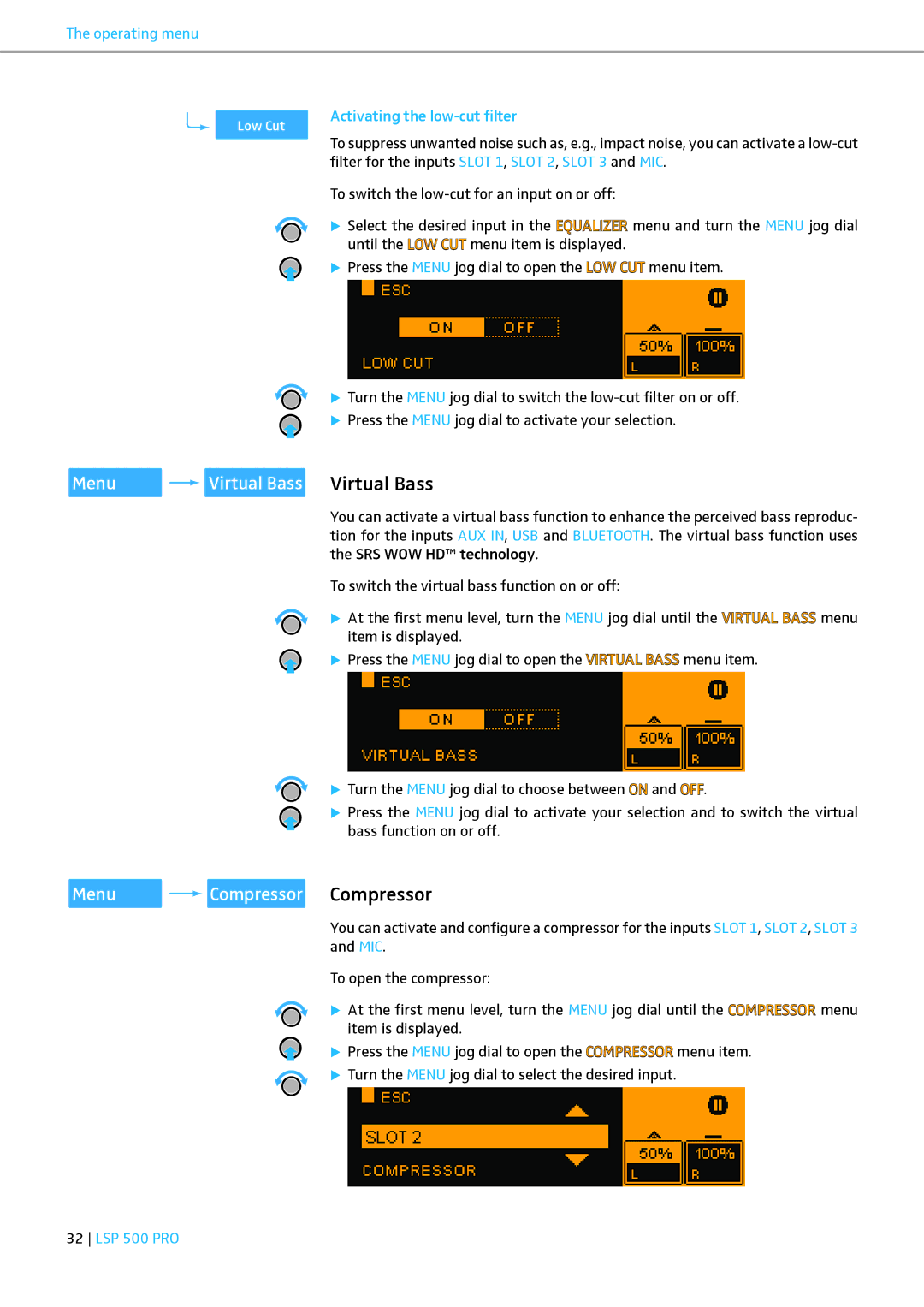 Sennheiser LSP 500 PRO instruction manual Menu Virtual Bass Virtual Bass, Activating the low-cut filter 