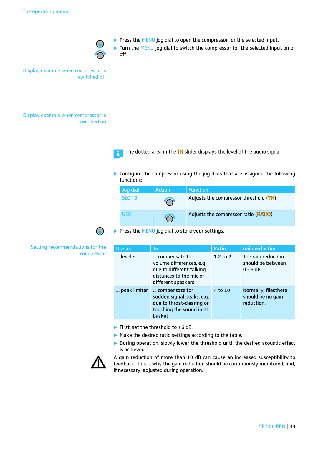 Sennheiser LSP 500 PRO instruction manual Adjusts the compressor ratio Ratio 