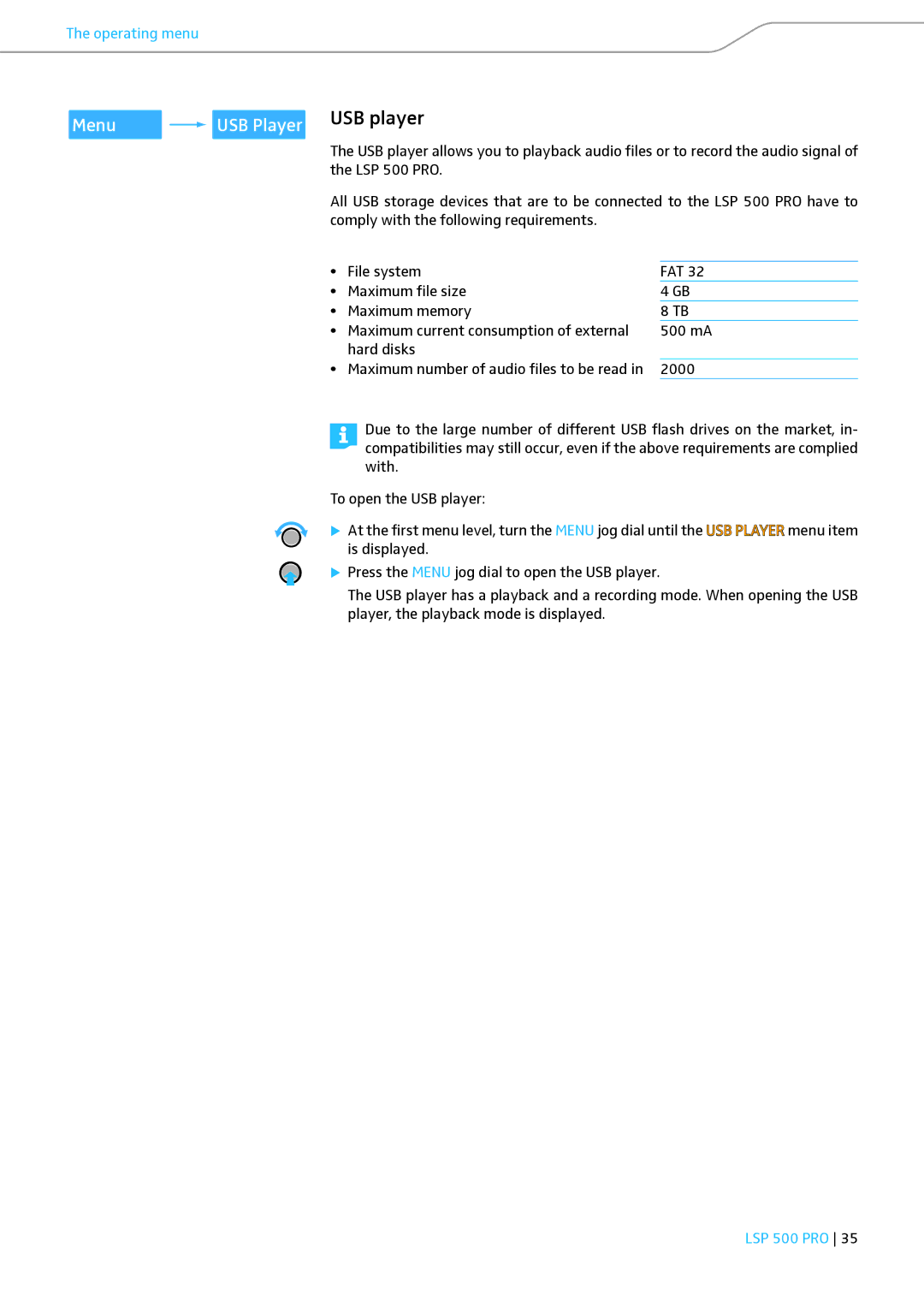 Sennheiser LSP 500 PRO instruction manual Menu USB Player USB player 