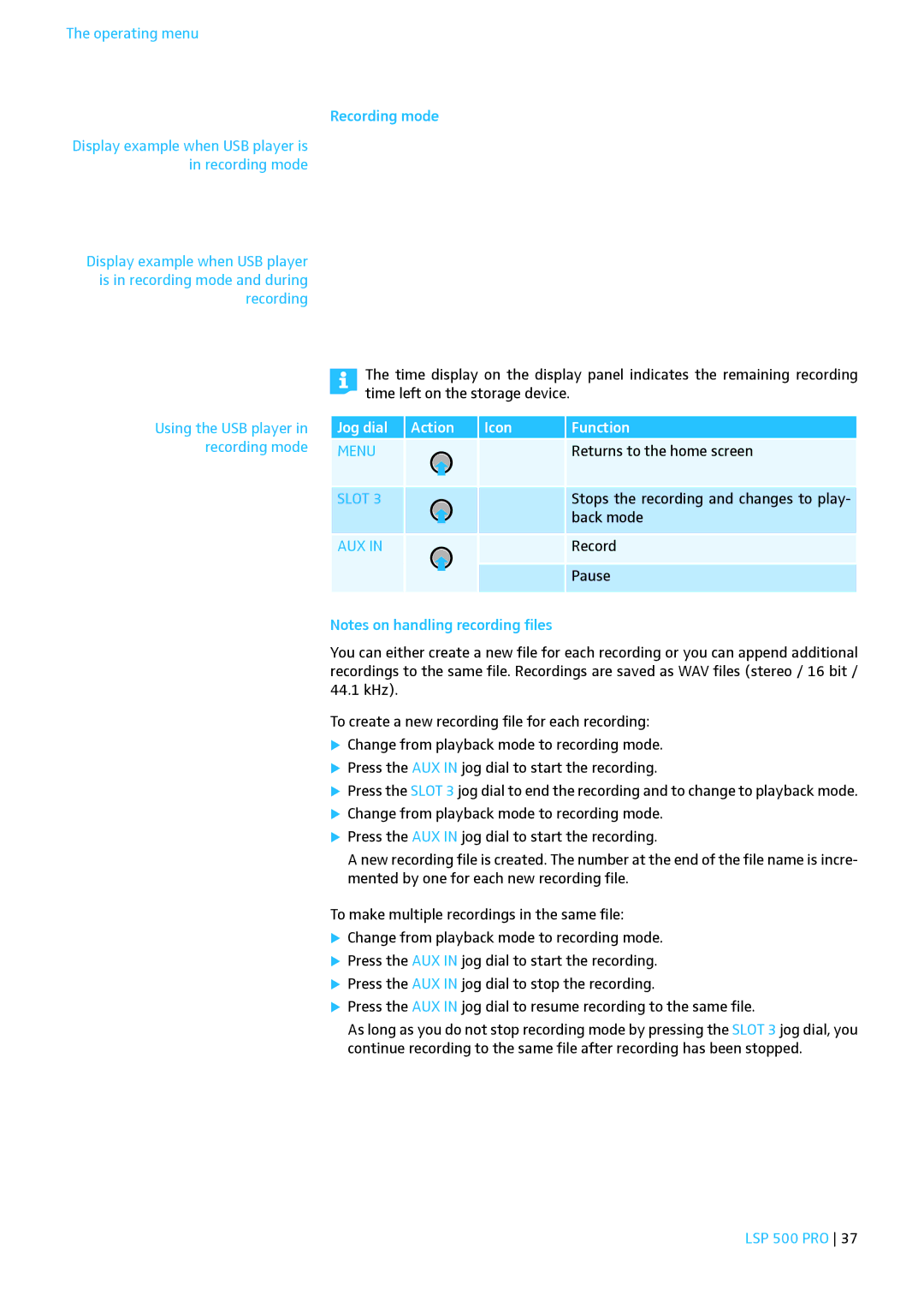 Sennheiser LSP 500 PRO instruction manual Recording mode 