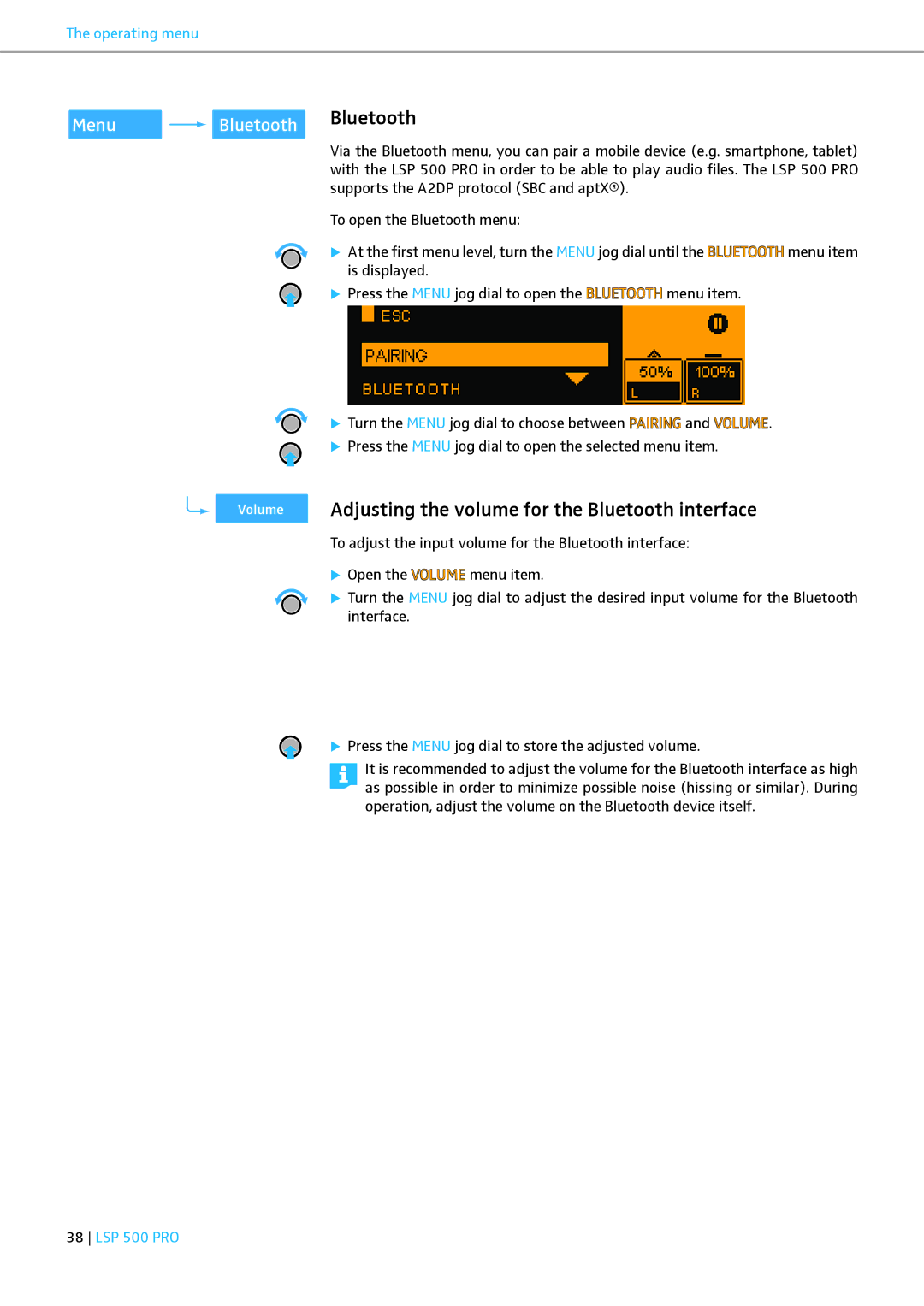 Sennheiser LSP 500 PRO instruction manual Adjusting the volume for the Bluetooth interface 