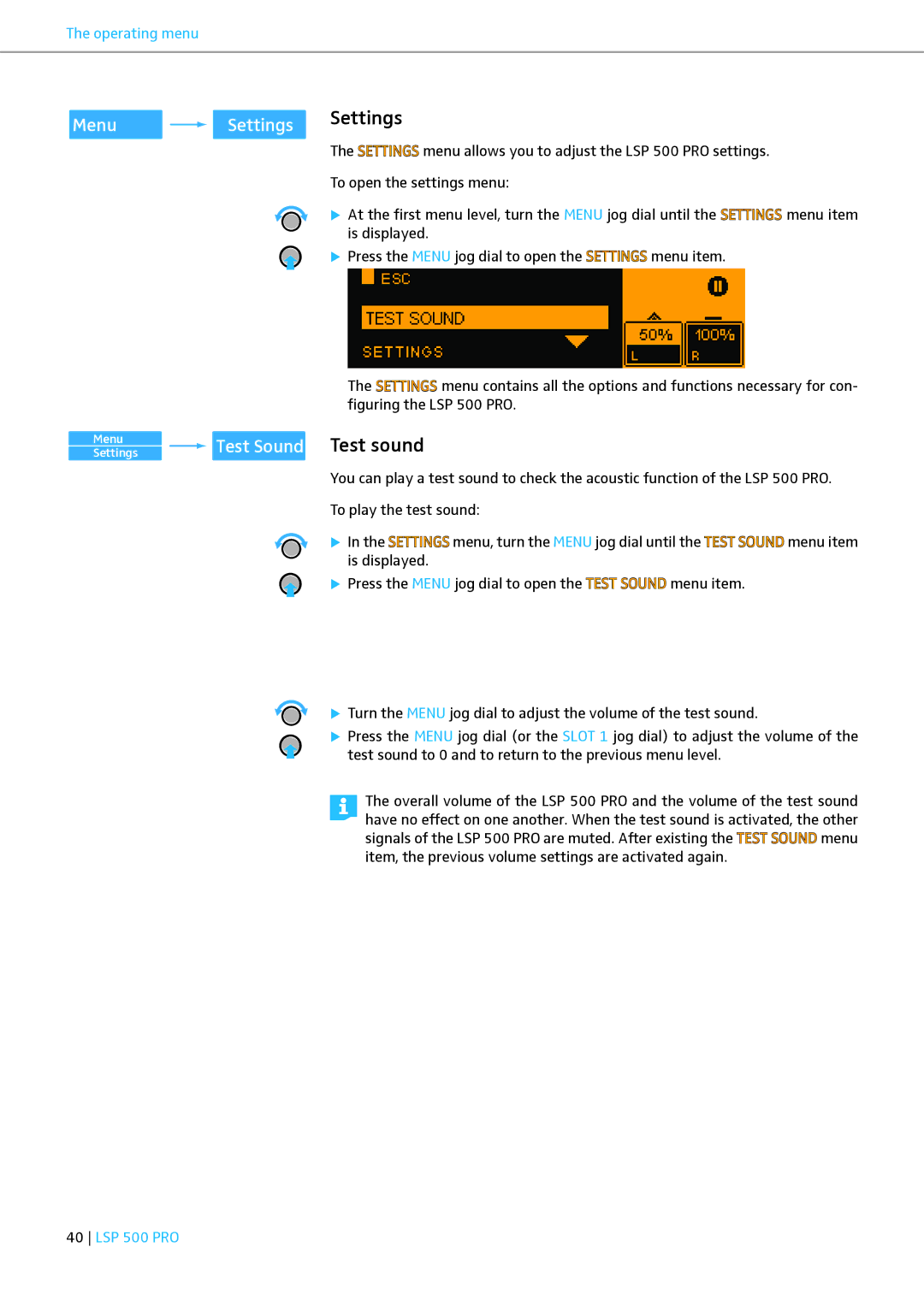 Sennheiser LSP 500 PRO instruction manual Settings, Test sound 