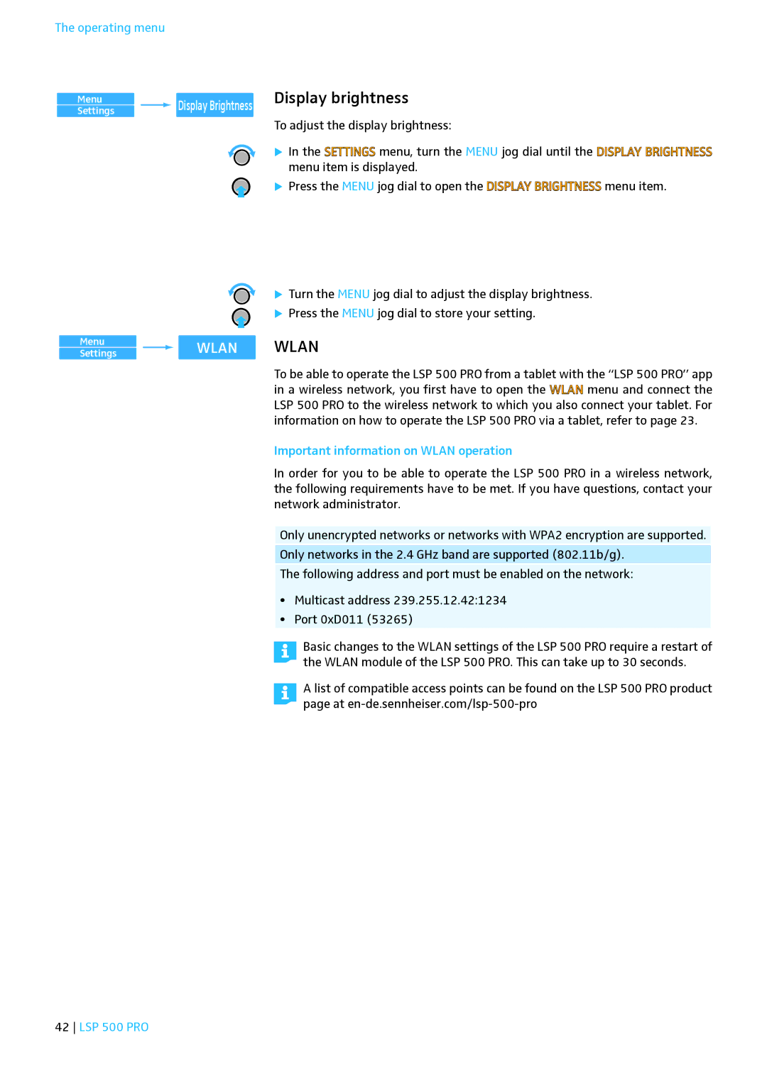 Sennheiser LSP 500 PRO instruction manual Display brightness, Important information on Wlan operation 