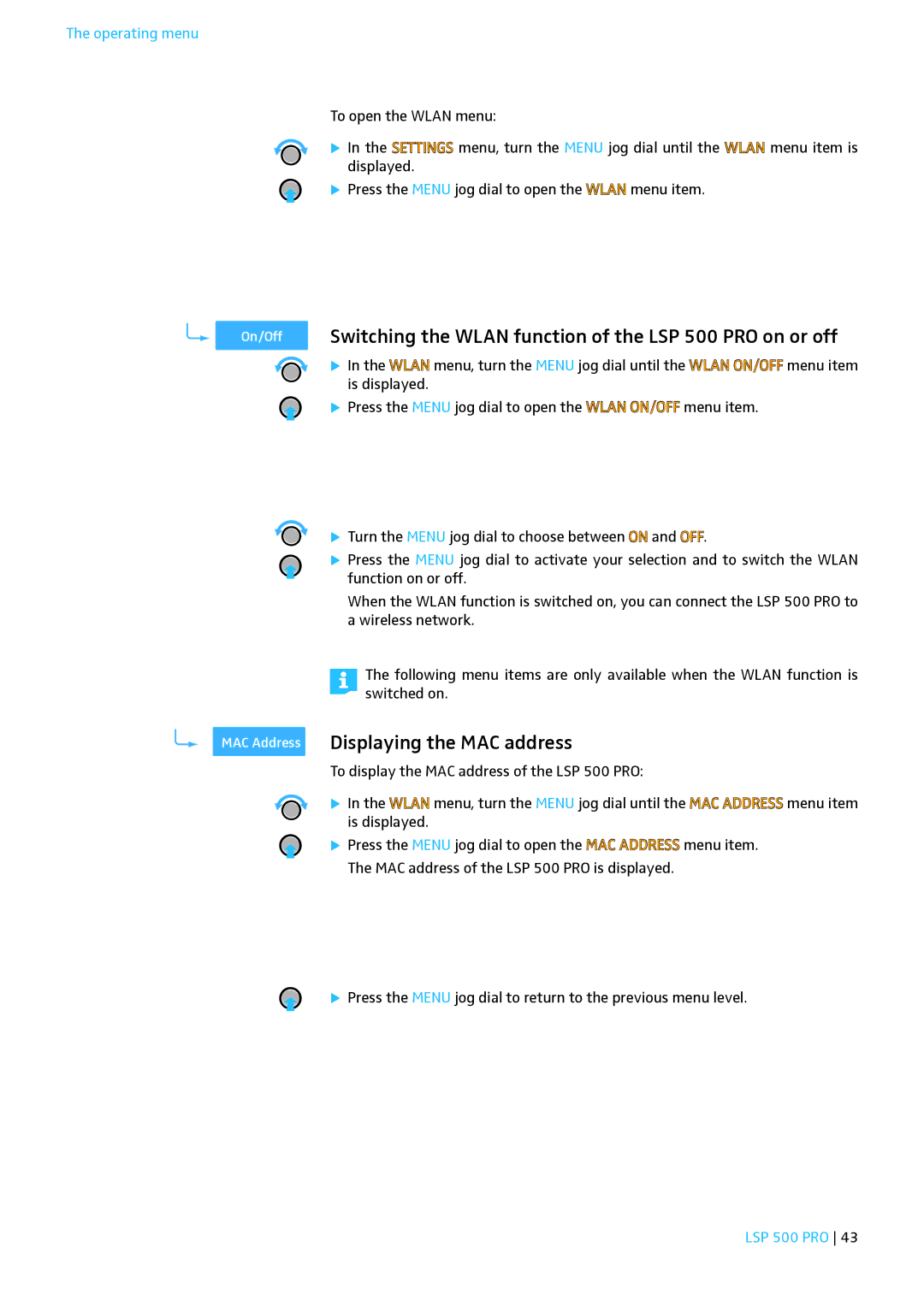 Sennheiser instruction manual Switching the Wlan function of the LSP 500 PRO on or off, Displaying the MAC address 