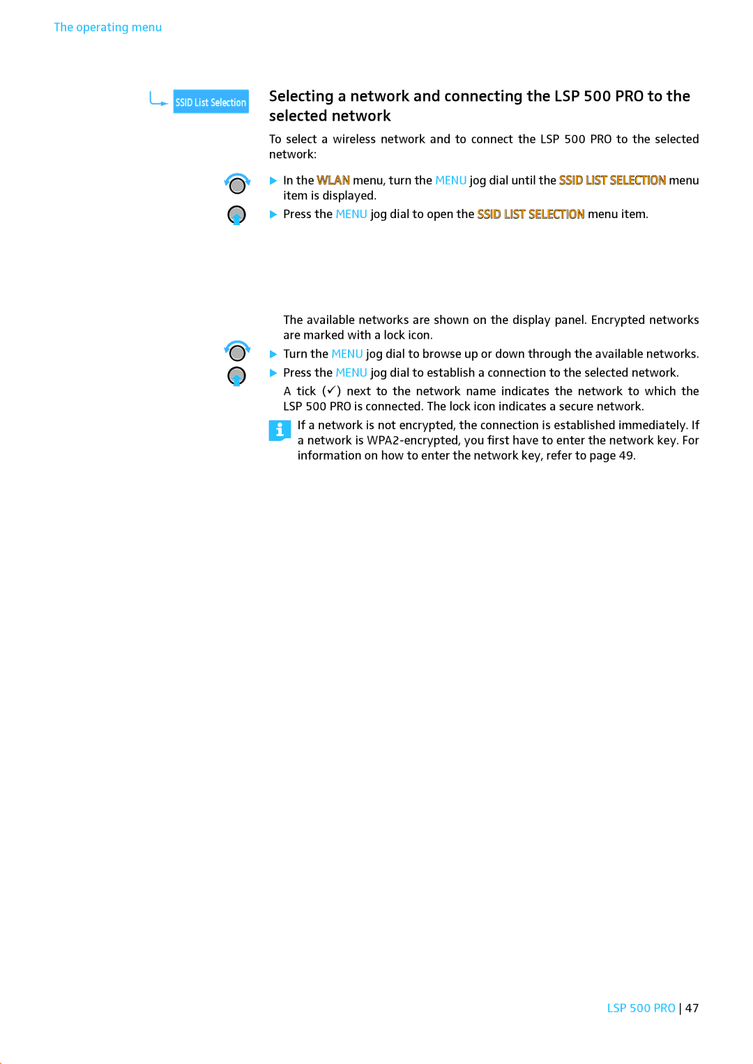 Sennheiser instruction manual Selecting a network and connecting the LSP 500 PRO to, Selected network 