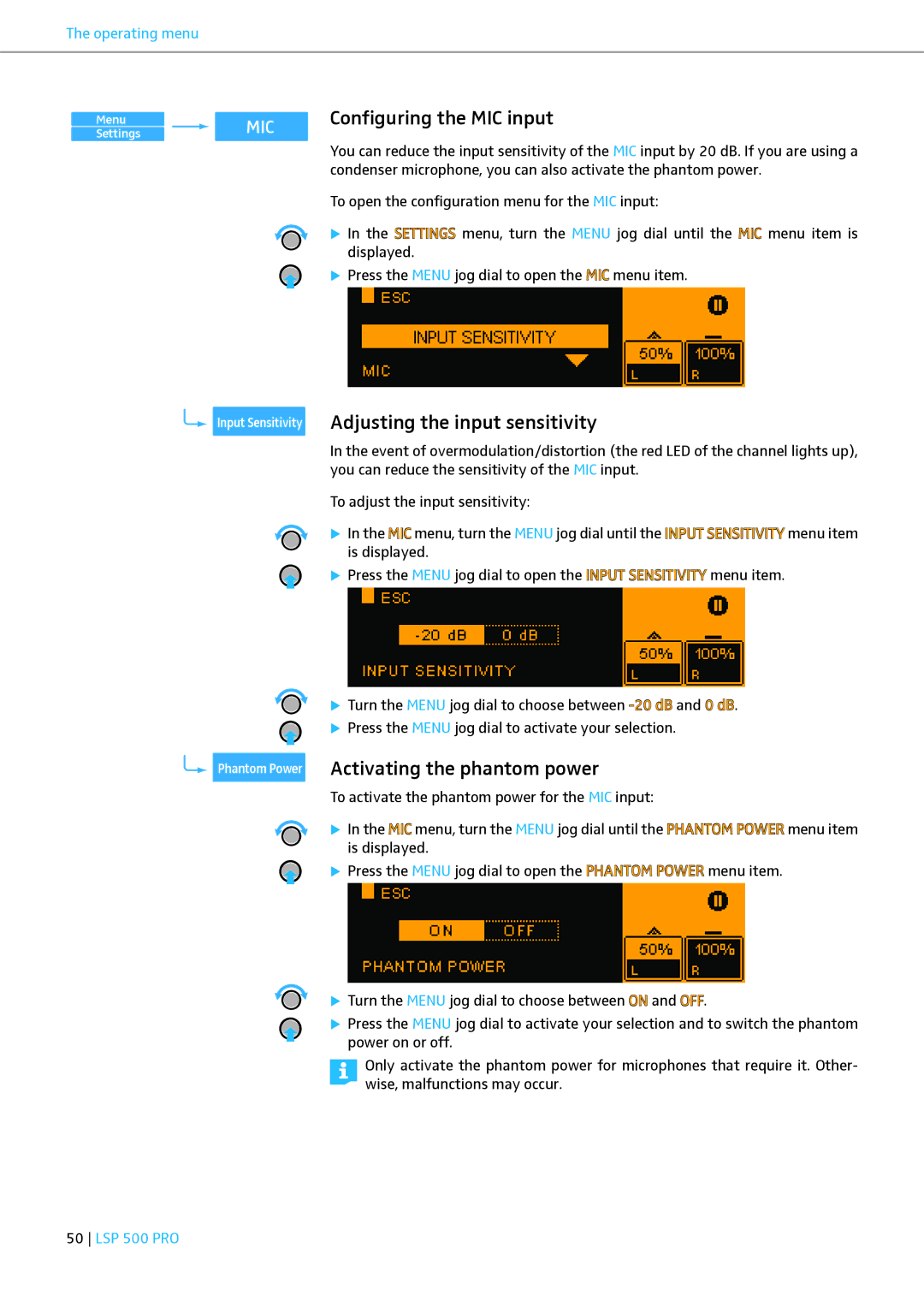 Sennheiser LSP 500 PRO Configuring the MIC input, Adjusting the input sensitivity, Activating the phantom power 