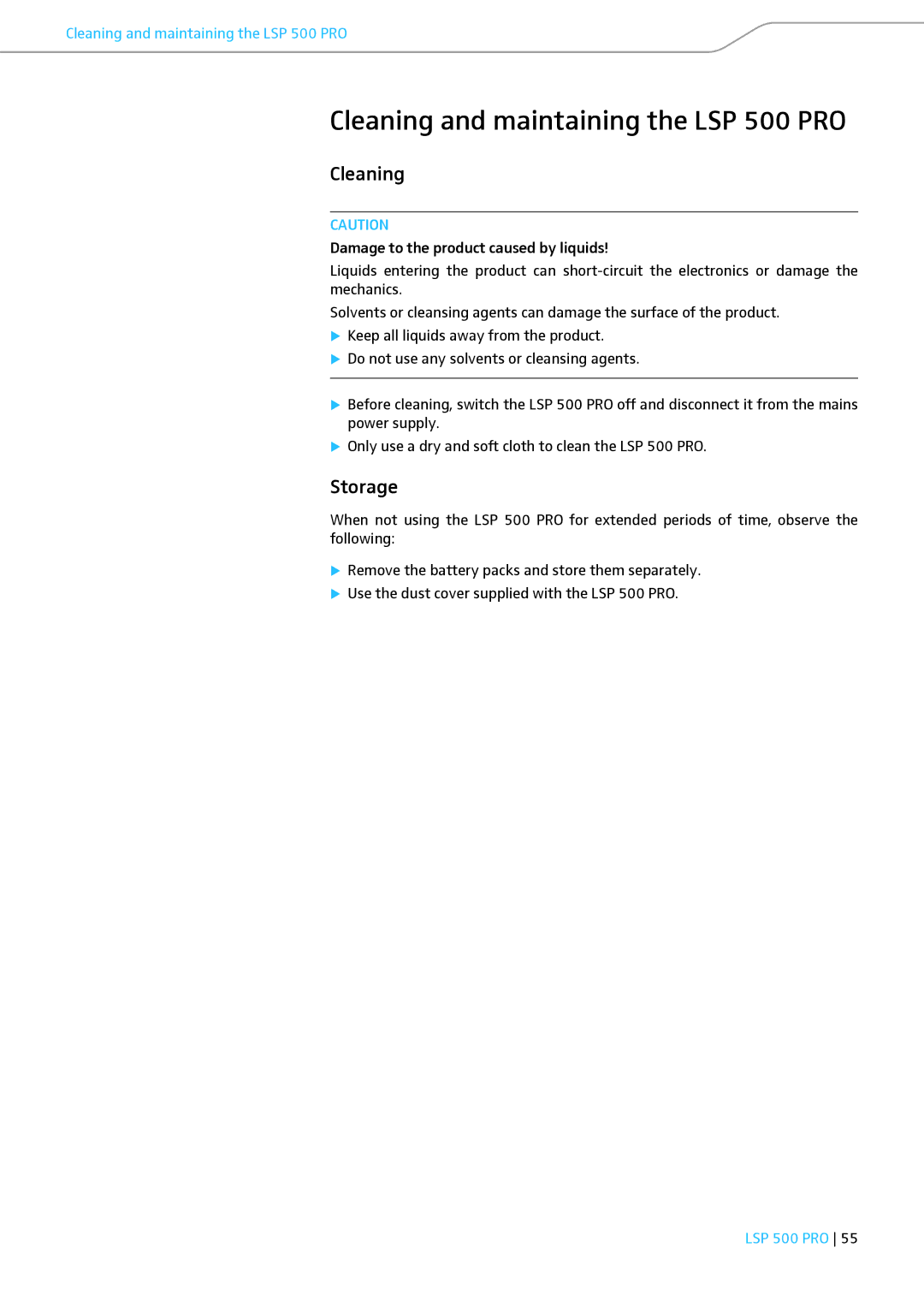 Sennheiser instruction manual Cleaning and maintaining the LSP 500 PRO, Storage 