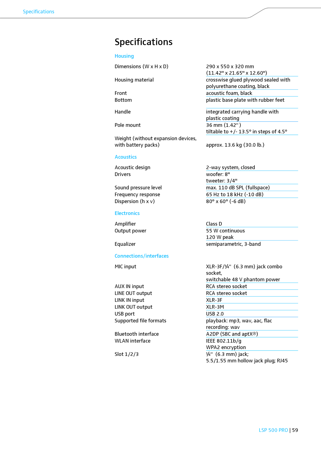 Sennheiser LSP 500 PRO instruction manual Specifications 