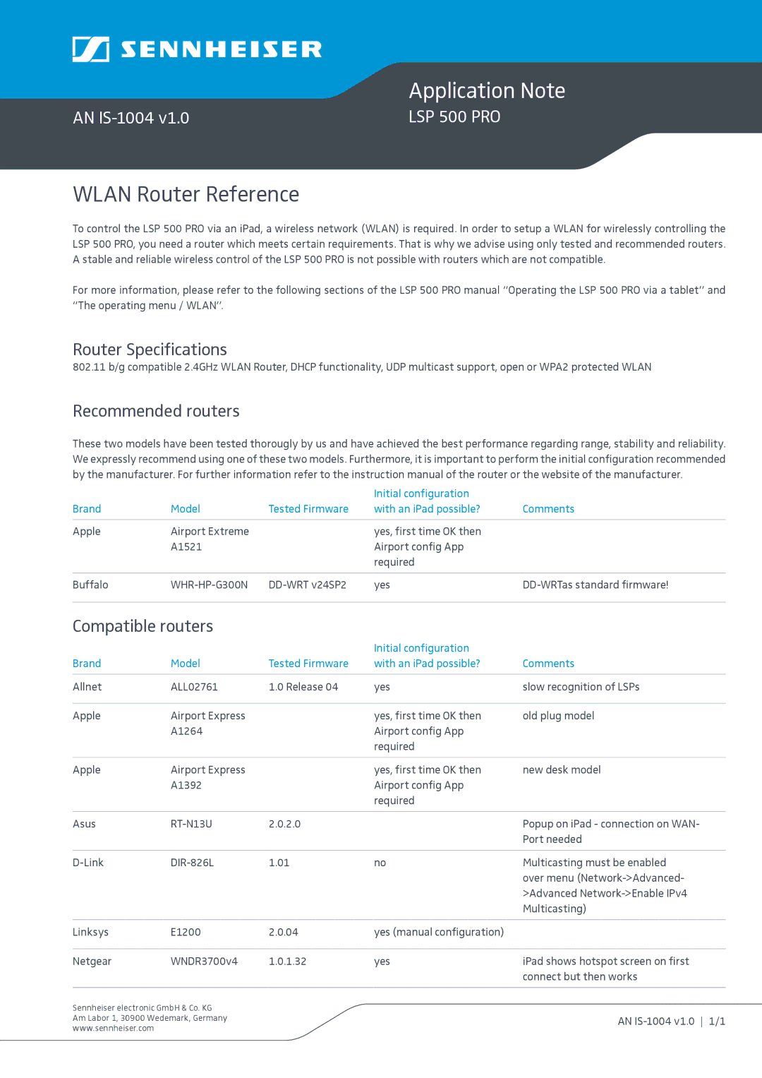 Sennheiser LSP 500 PRO specifications Wlan Router Reference, Router Specifications, Recommended routers 