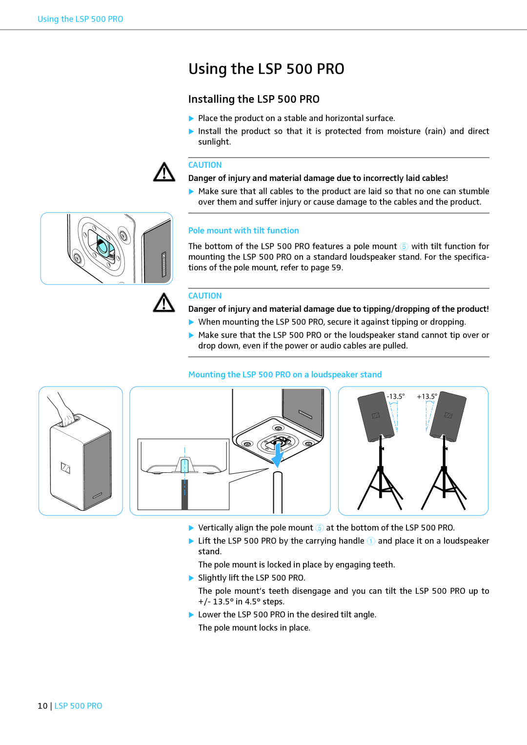 Sennheiser instruction manual Using the LSP 500 PRO, Installing the LSP 500 PRO, Pole mount with tilt function 