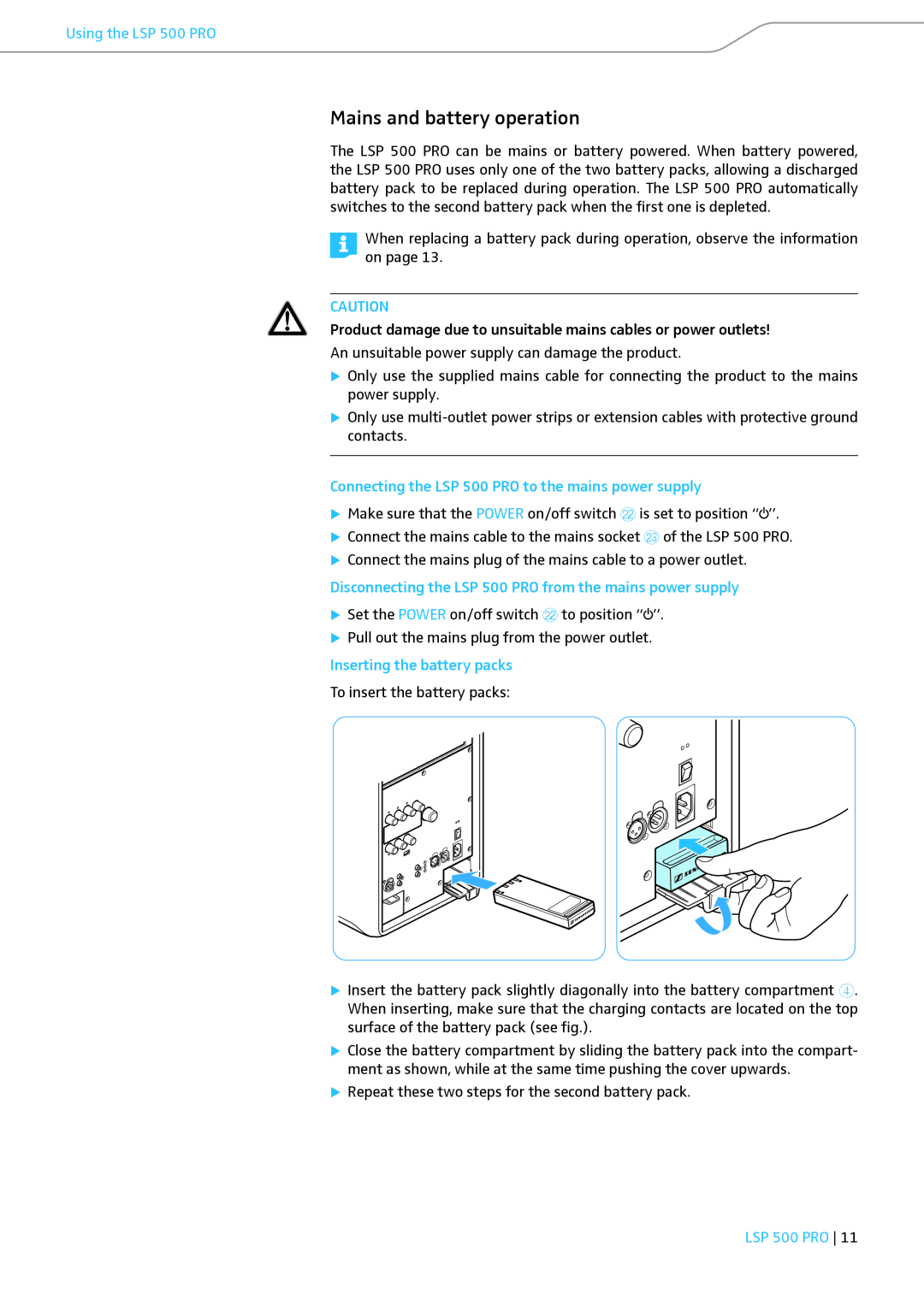 Sennheiser instruction manual Mains and battery operation, Inserting the battery packs, Using the LSP 500 PRO 