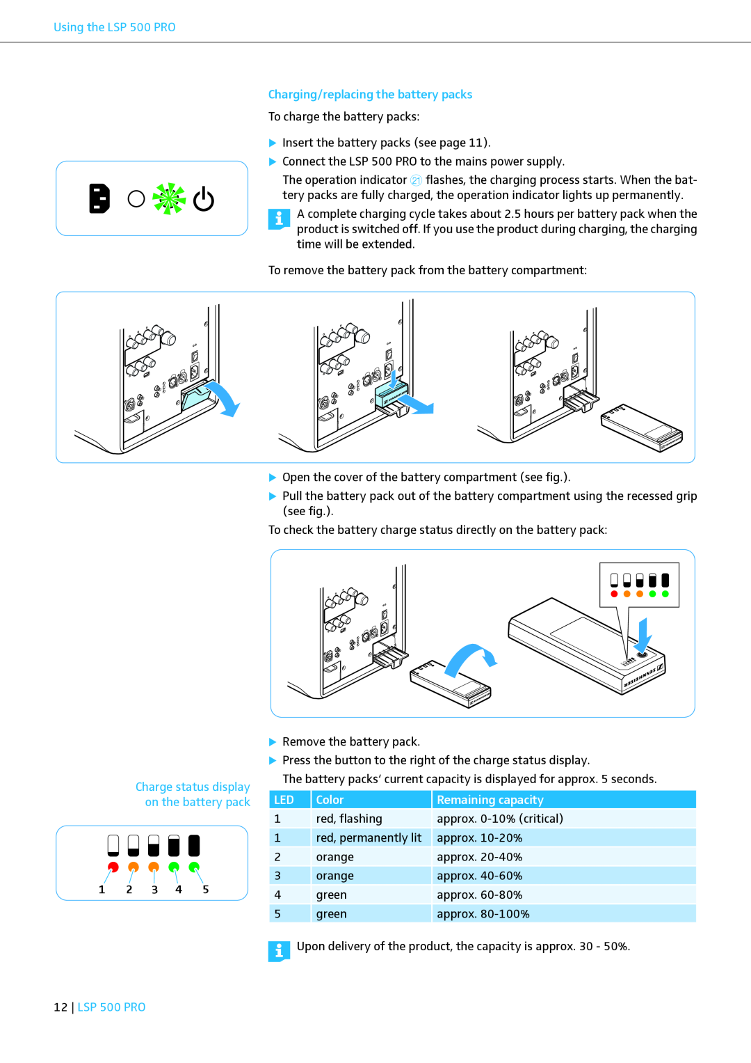 Sennheiser instruction manual Charging/replacing the battery packs, Color, Remaining capacity, Using the LSP 500 PRO 