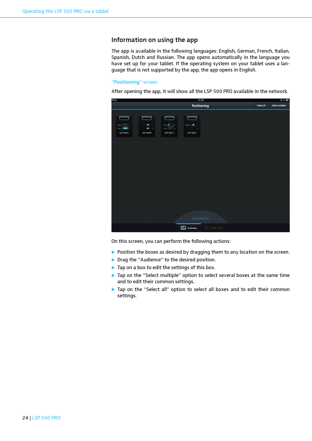 Sennheiser instruction manual Information on using the app, “Positioning” screen, Operating the LSP 500 PRO via a tablet 