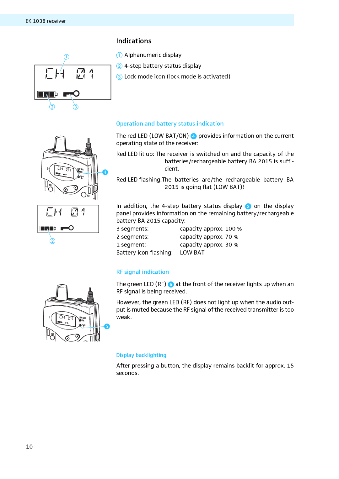 Sennheiser LV308, LV307 manual Indications, Operation and battery status indication, RF signal indication 