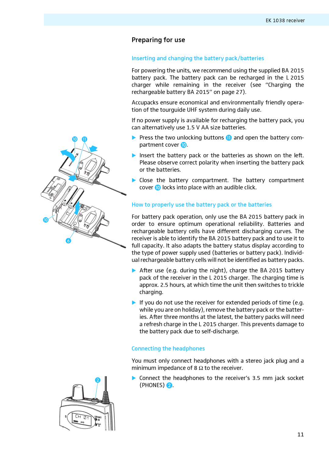 Sennheiser LV307, LV308 Preparing for use, Inserting and changing the battery pack/batteries, Connecting the headphones 