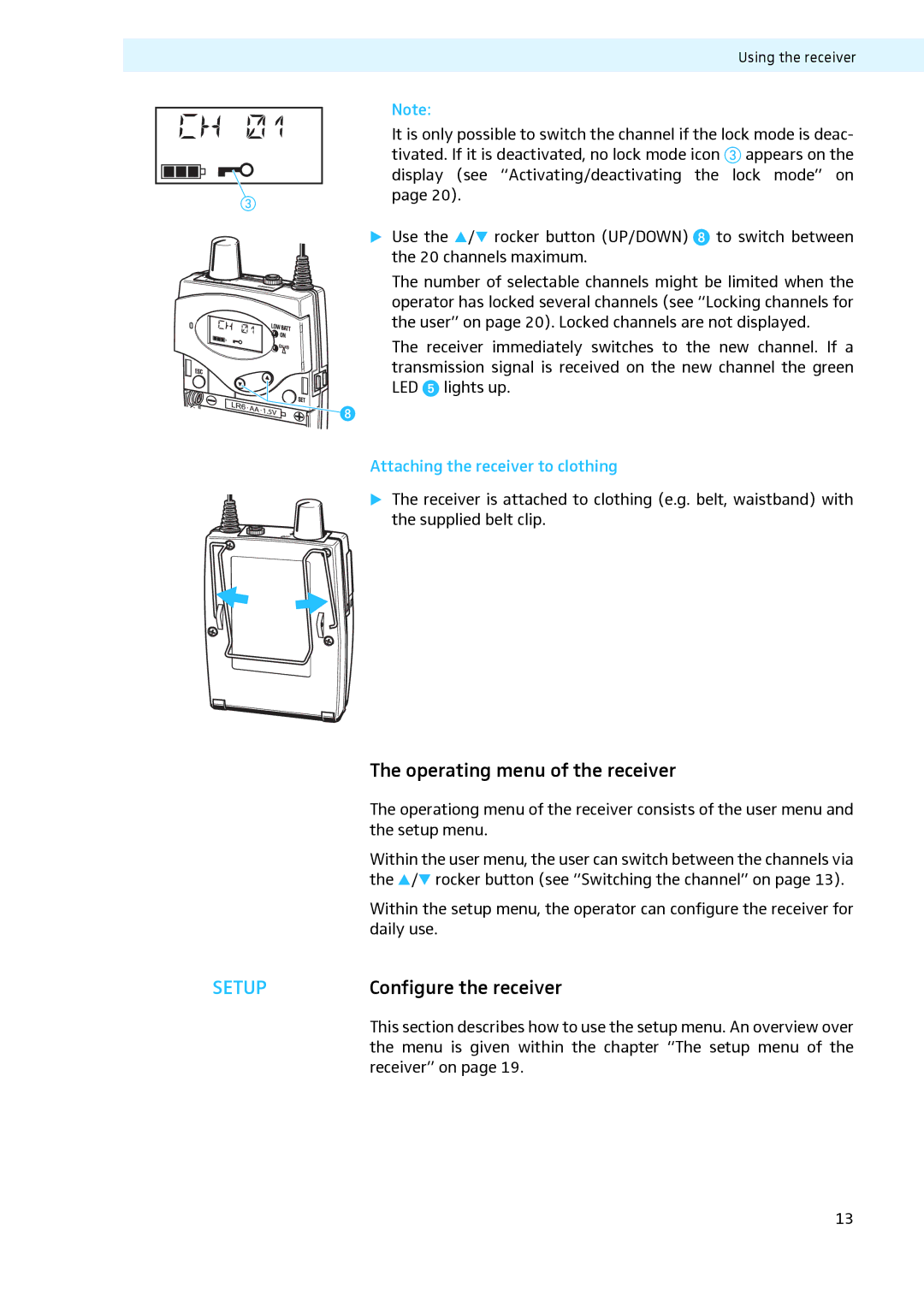 Sennheiser LV307 Operating menu of the receiver, Configure the receiver, Attaching the receiver to clothing, Receiver on 